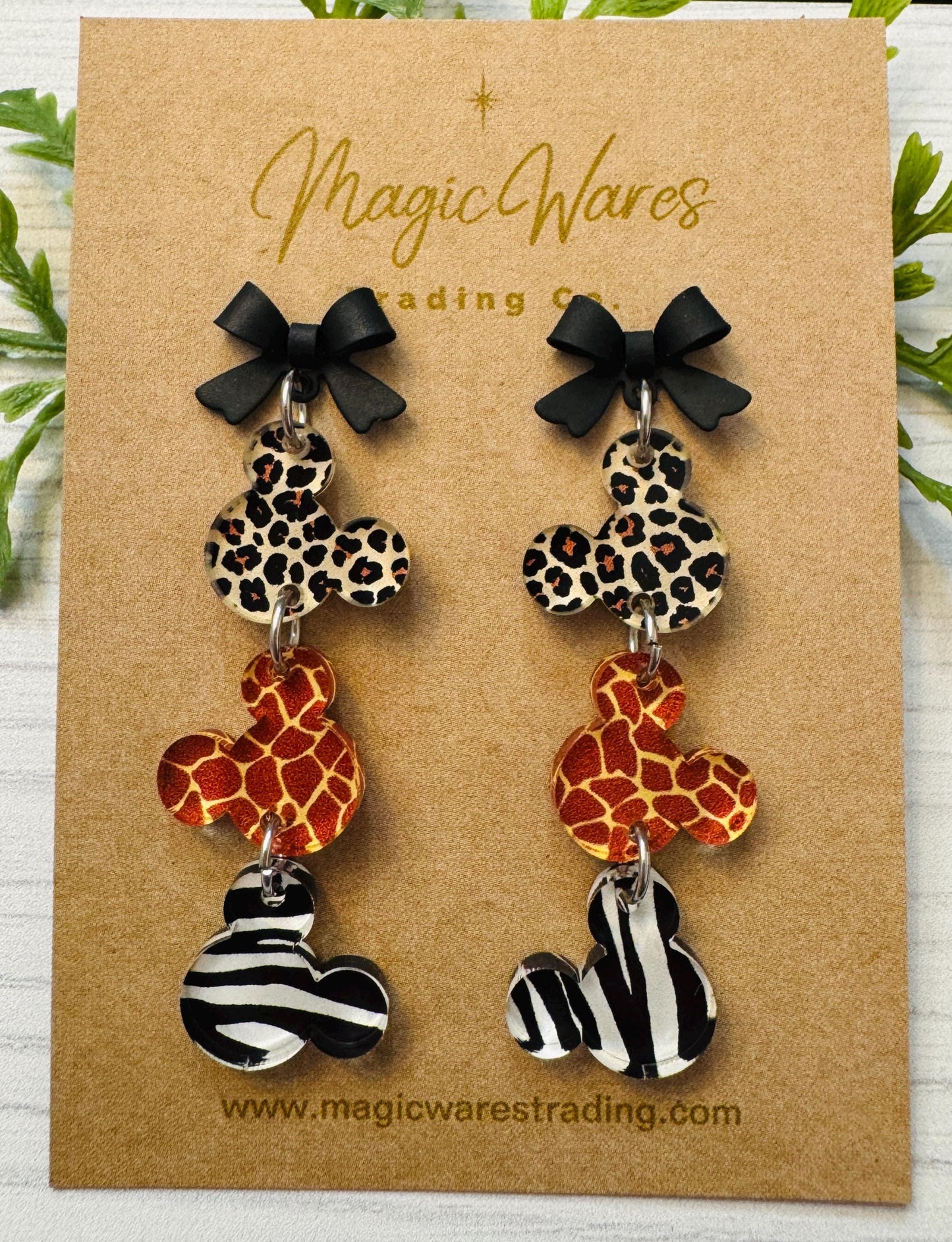 Animal Print Mouse head Stud Dangle Earrings, Black Bow Sterling Silver Post Dangle Earrings, Animal Kingdom Earrings