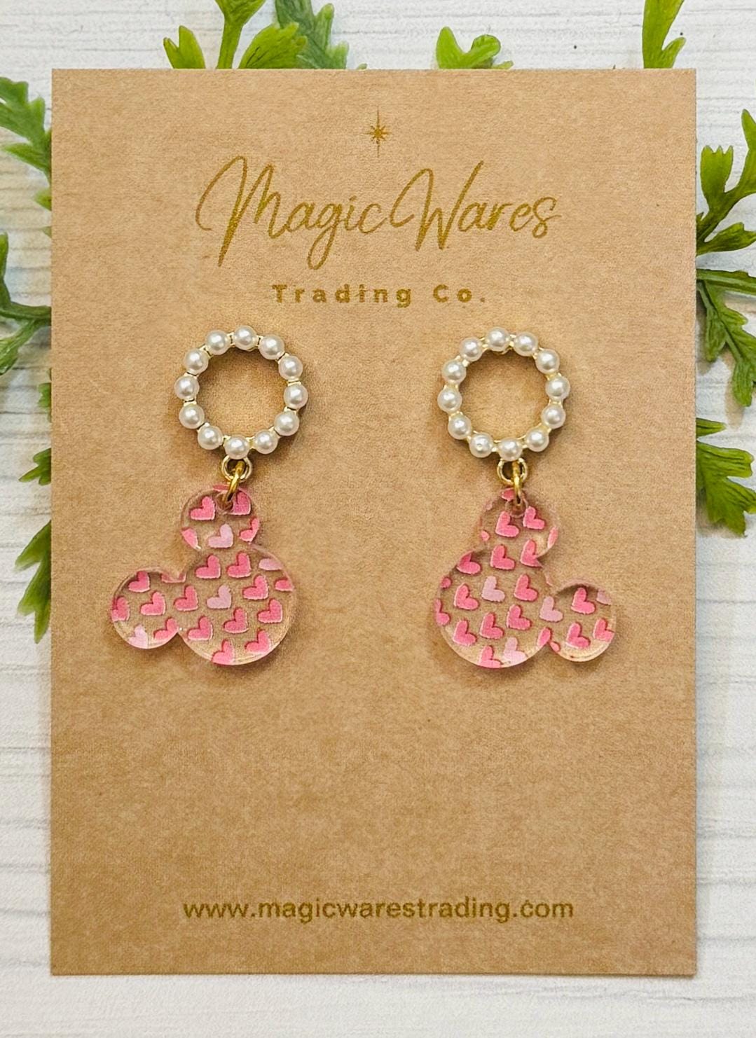 Pearls and Hearts Mouse Head Stud Earrings, Laser Cut Hearts Pattern Acrylic, Pearl Sterling Silver Stud Earrings, Valentines Day Earrings