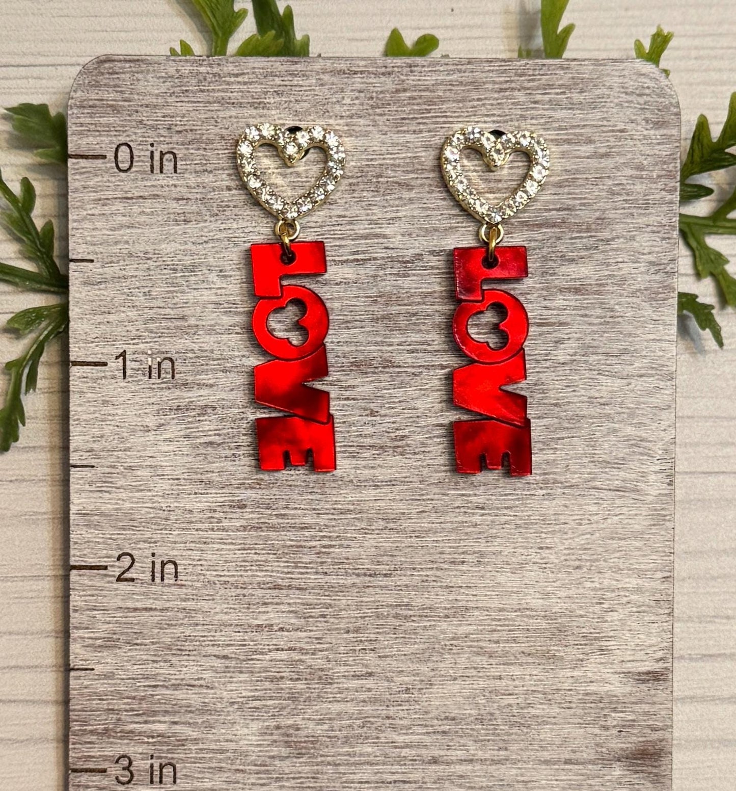 LOVE Rhinestone Heart Stud Earrings, Laser Cut Red Marble Acrylic and Sterling Silver Stud Earrings, Valentines Day Earrings
