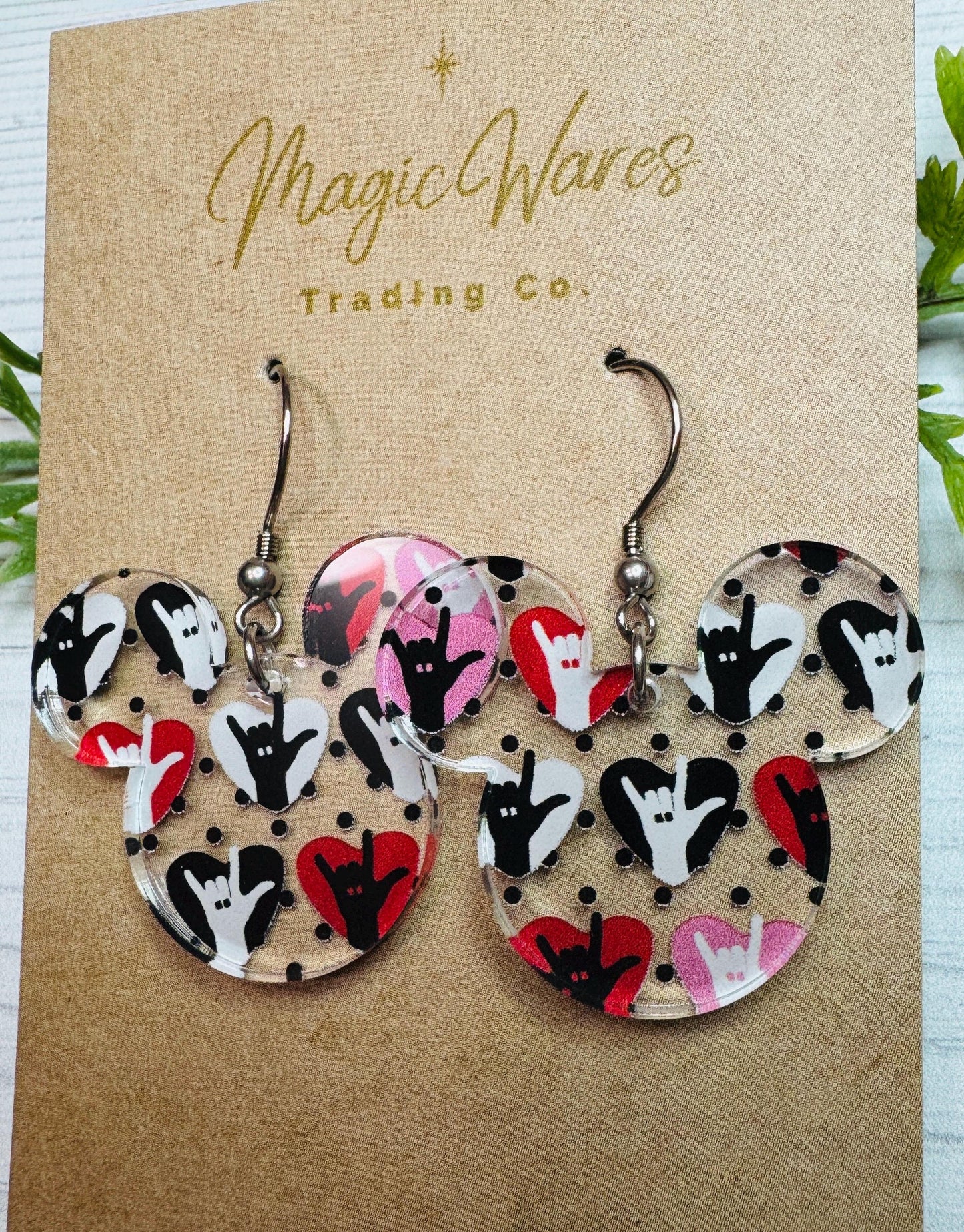 Love Signs Mouse head Dangle Earrings, Laser cut Crystal Acrylic Dangle Earrings, Valentines earrings
