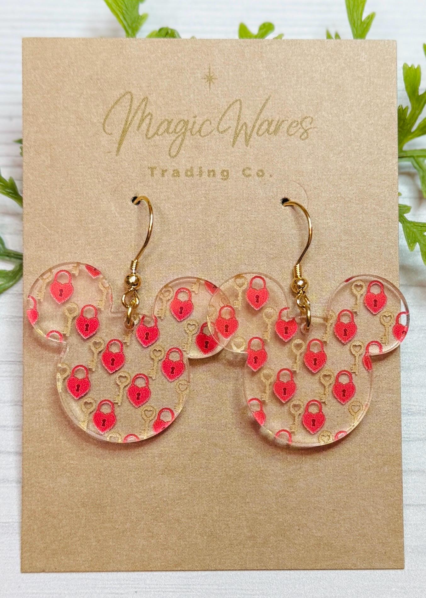 Key to my Heart Mouse head Dangle, Laser cut Heart and Key Patterned Crystal Acrylic Dangle Earrings, Valentines earrings