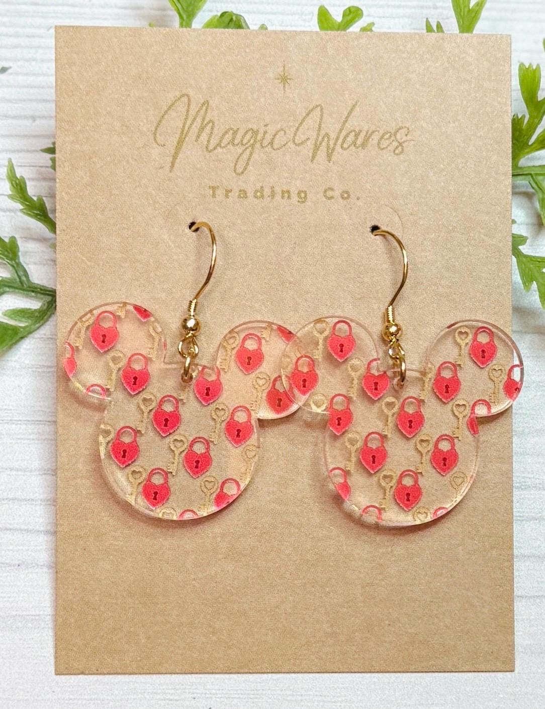 Key to my Heart Mouse head Dangle, Laser cut Heart and Key Patterned Crystal Acrylic Dangle Earrings, Valentines earrings