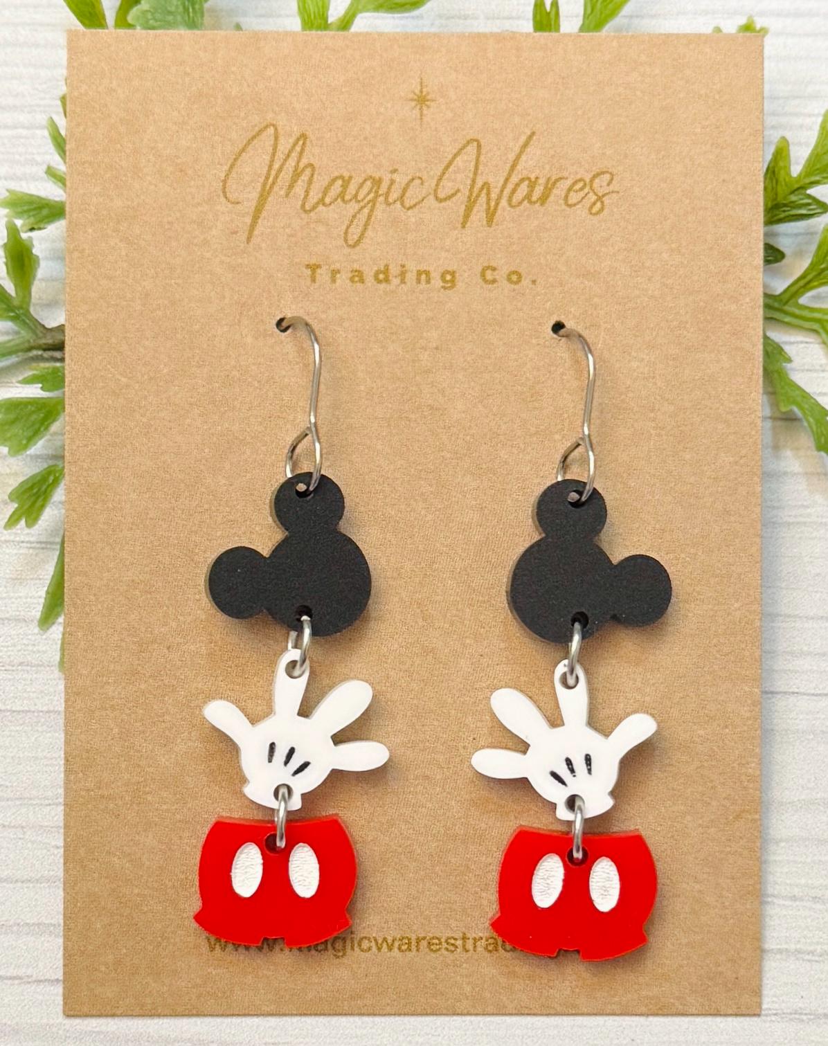 Deconstructed Mouse Dangle Earrings, Mouse head, hands and pants Acrylic Dangle Earrings, Black white and red dangle earrings