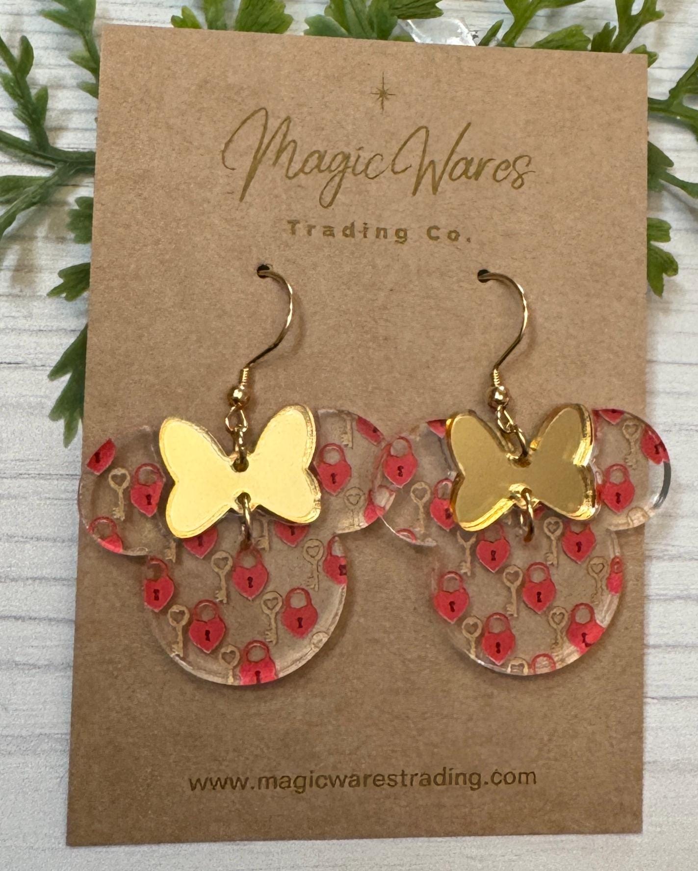 Key to my Heart Minnie, Gold Mirror Acrylic Minnie Bow Dangle Earrings, Heart Lock and Key Pattern Acrylic Earrings, Valentines Day Earrings