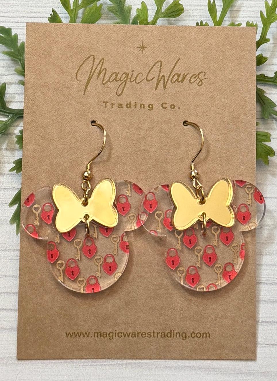 Key to my Heart Minnie, Gold Mirror Acrylic Minnie Bow Dangle Earrings, Heart Lock and Key Pattern Acrylic Earrings, Valentines Day Earrings