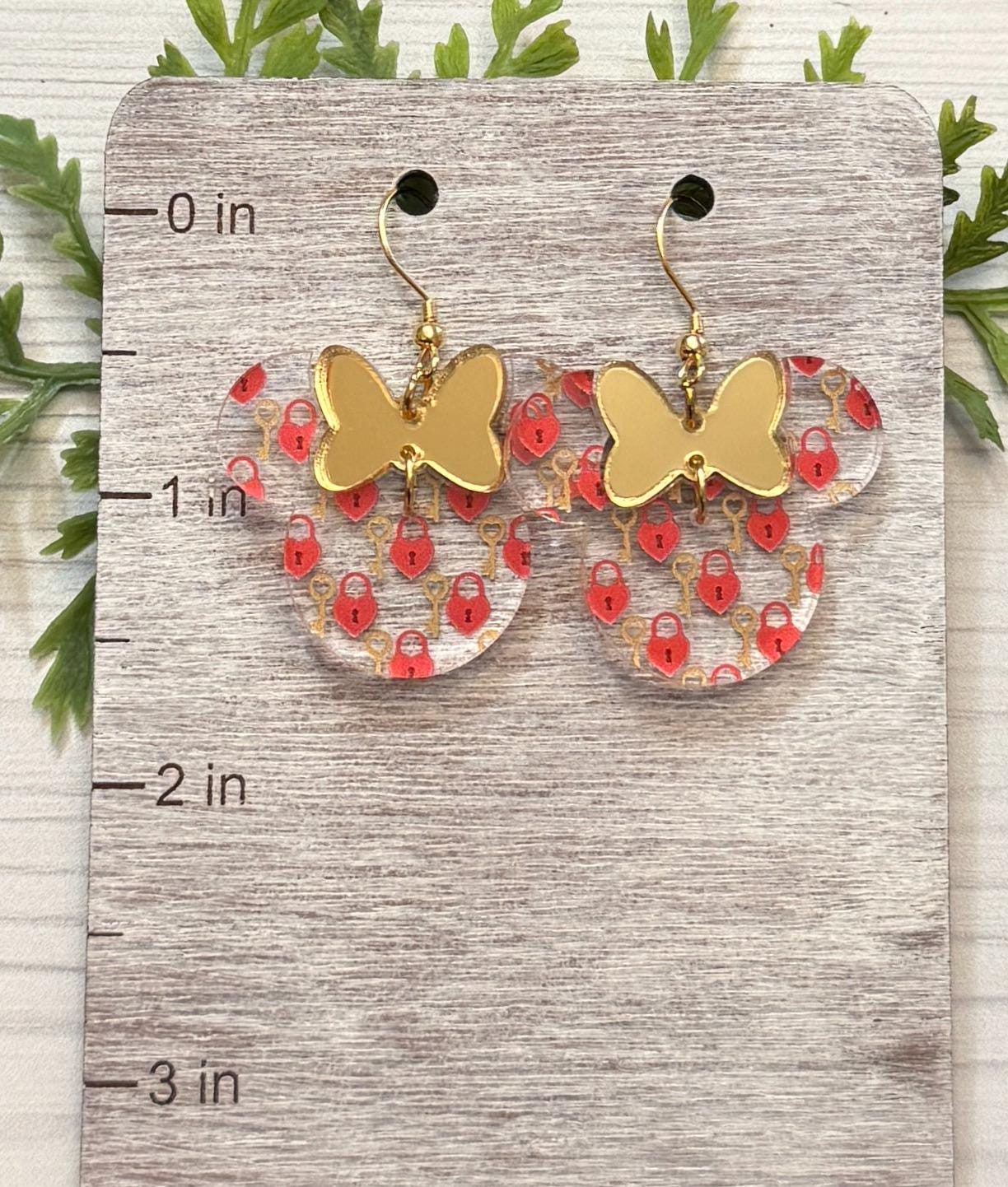 Key to my Heart Minnie, Gold Mirror Acrylic Minnie Bow Dangle Earrings, Heart Lock and Key Pattern Acrylic Earrings, Valentines Day Earrings