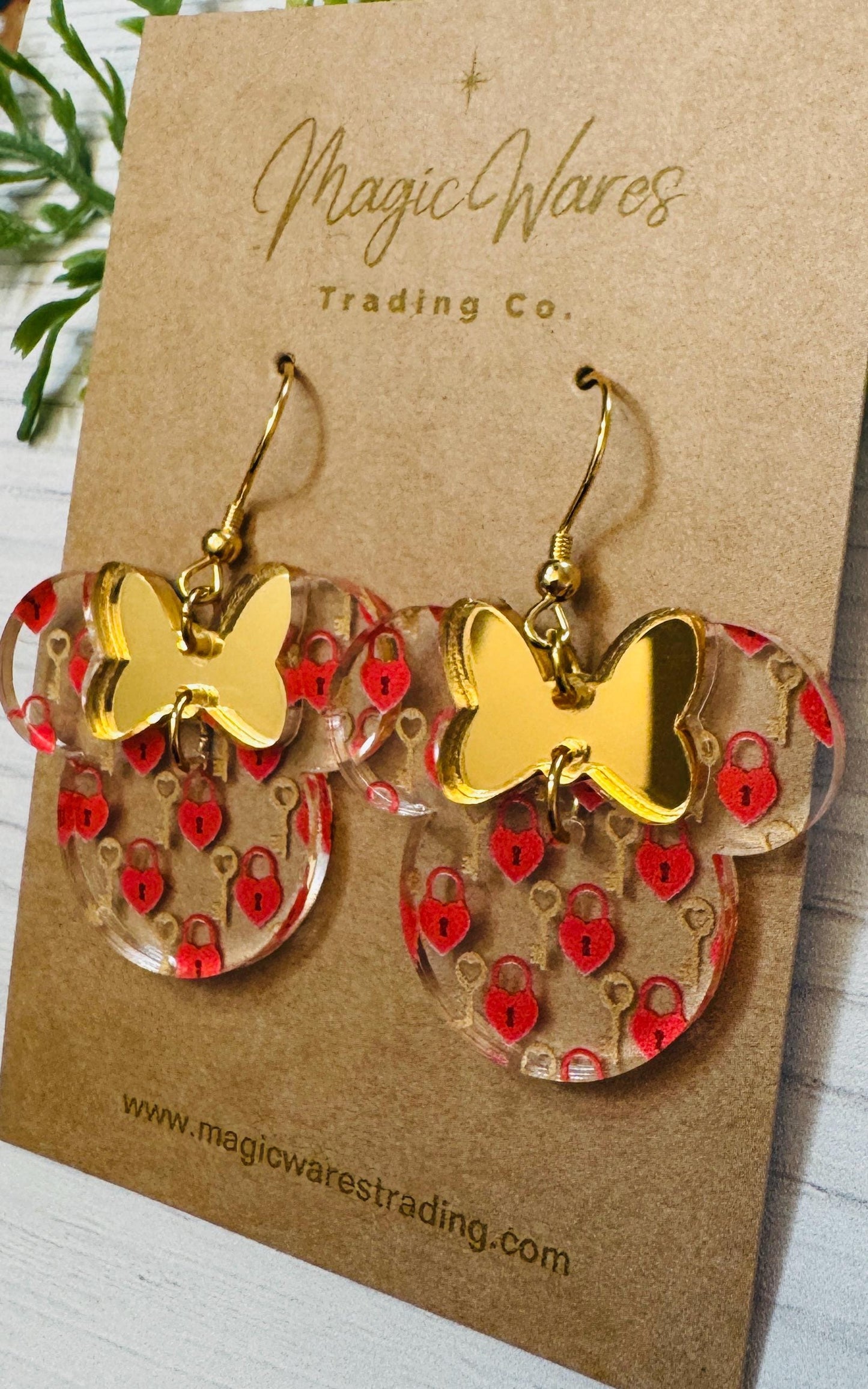 Key to my Heart Minnie, Gold Mirror Acrylic Minnie Bow Dangle Earrings, Heart Lock and Key Pattern Acrylic Earrings, Valentines Day Earrings
