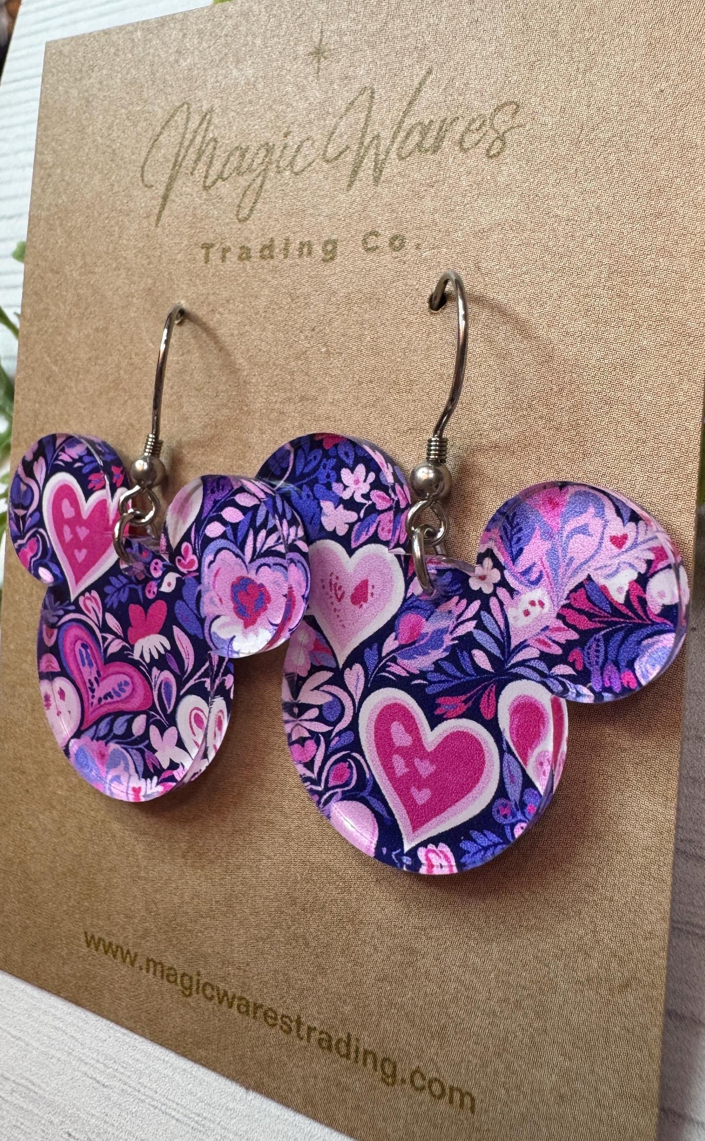 Purple Hearts Valentine Mouse head Laser cut Dangle Earrings, Purple and Pink Hearts Patterned Crystal Acrylic, Valentines Day Earrings