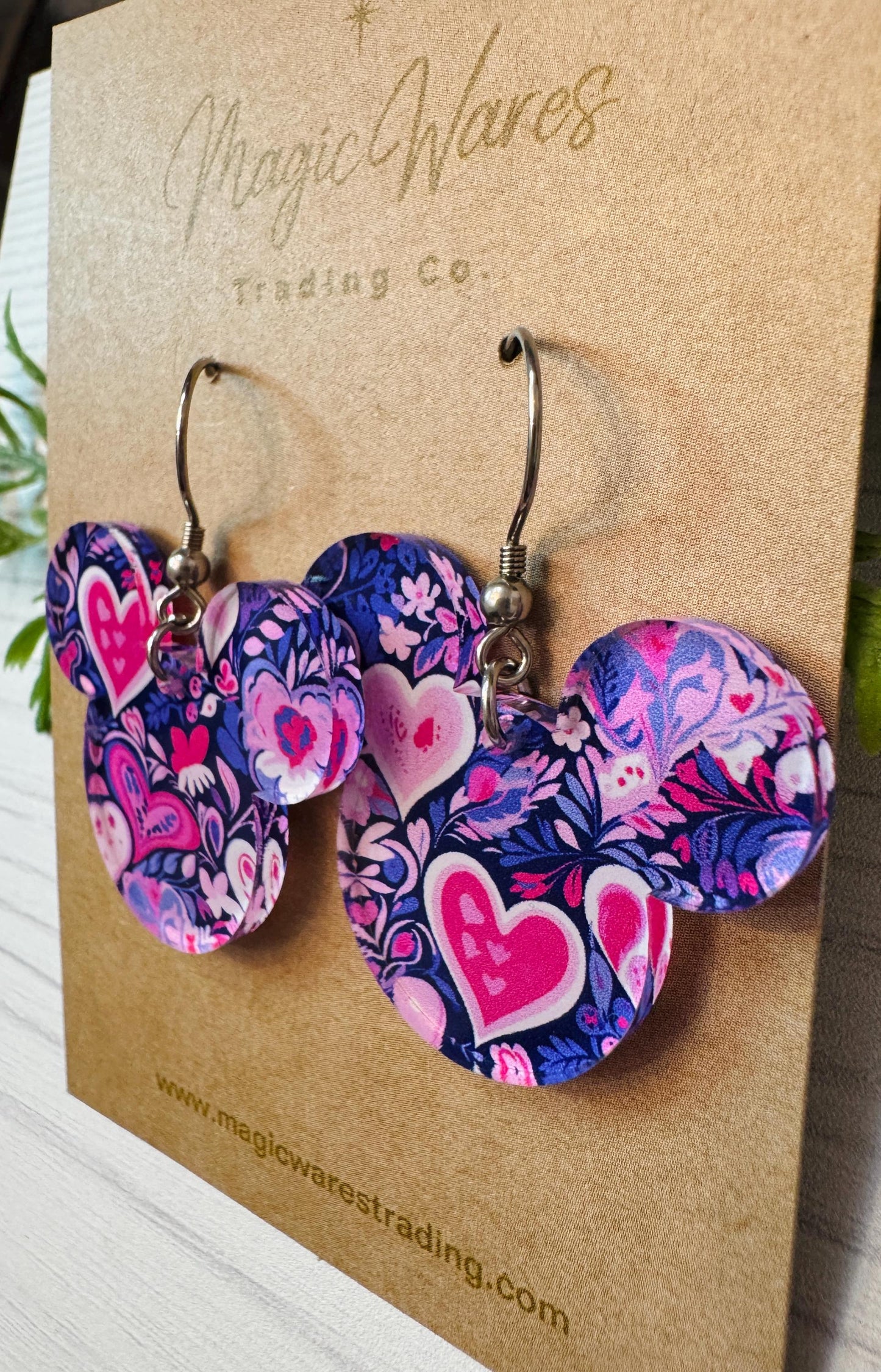 Purple Hearts Valentine Mouse head Laser cut Dangle Earrings, Purple and Pink Hearts Patterned Crystal Acrylic, Valentines Day Earrings