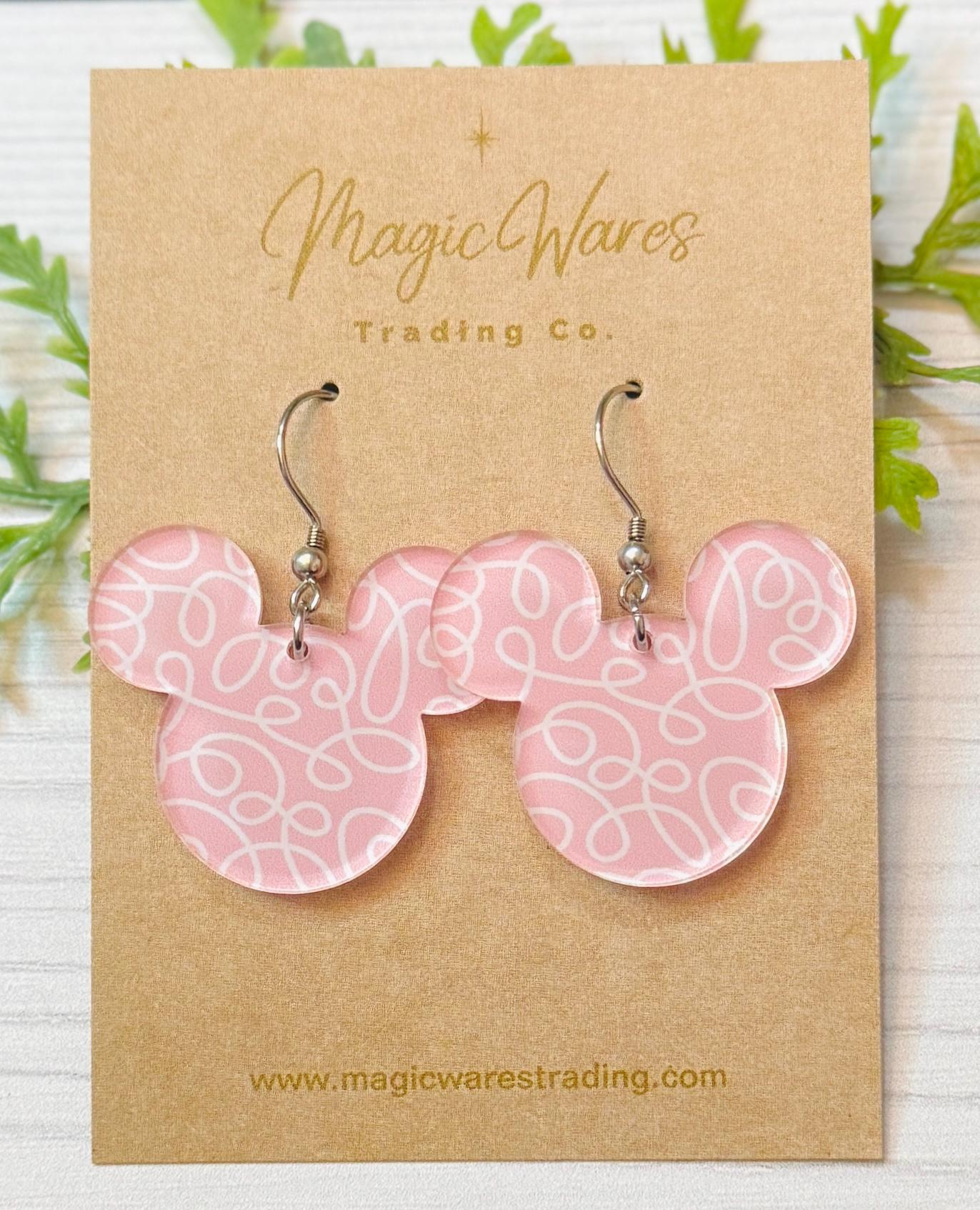 Valentine Snack Cake Mouse head Laser cut Dangle Earrings, Pink and White Patterned Crystal Acrylic, Valentines Day Earrings