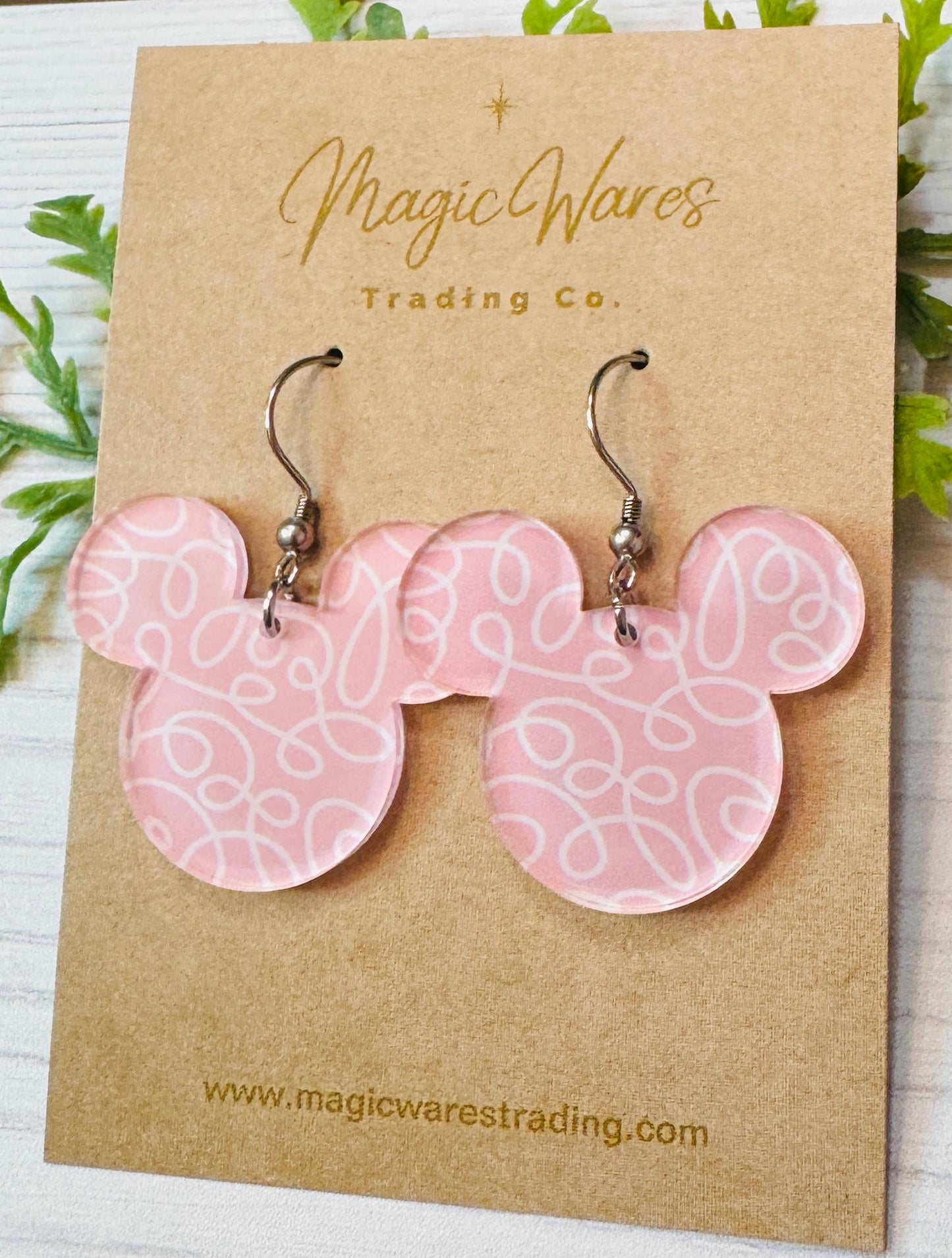 Valentine Snack Cake Mouse head Laser cut Dangle Earrings, Pink and White Patterned Crystal Acrylic, Valentines Day Earrings
