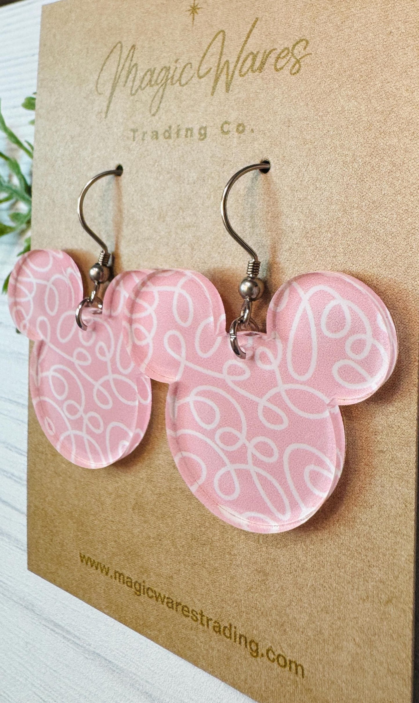 Valentine Snack Cake Mouse head Laser cut Dangle Earrings, Pink and White Patterned Crystal Acrylic, Valentines Day Earrings