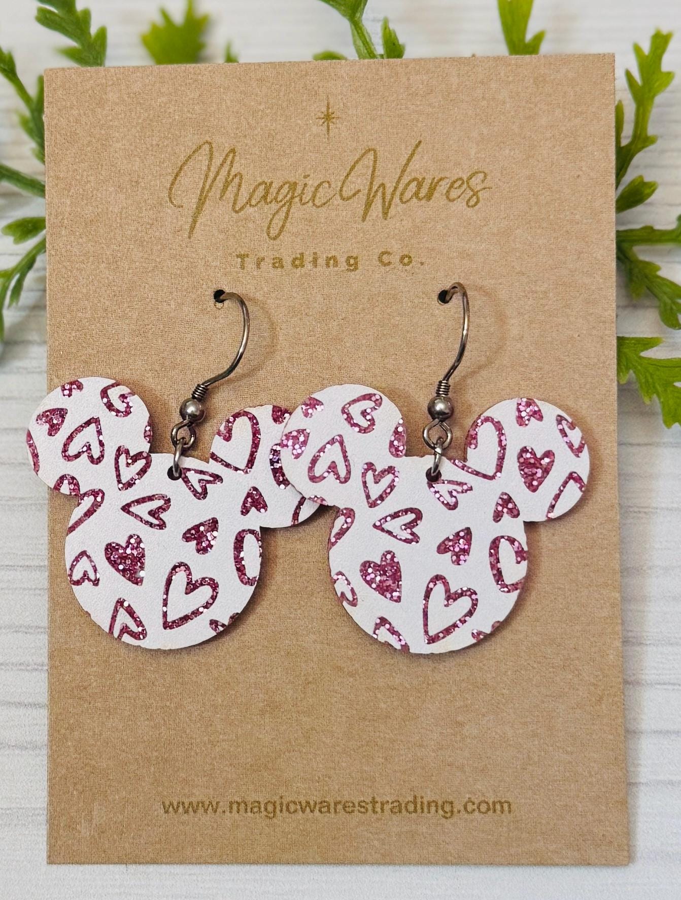 Pink Glitter and White Hearts Mouse head Laser cut Dangle Earrings, Pink Glitter Acrylic with white hearts, Valentines Day Earrings