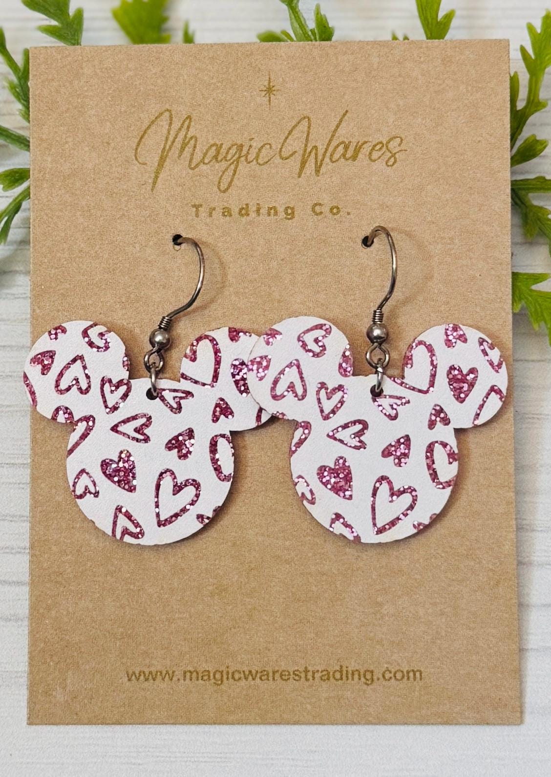Pink Glitter and White Hearts Mouse head Laser cut Dangle Earrings, Pink Glitter Acrylic with white hearts, Valentines Day Earrings