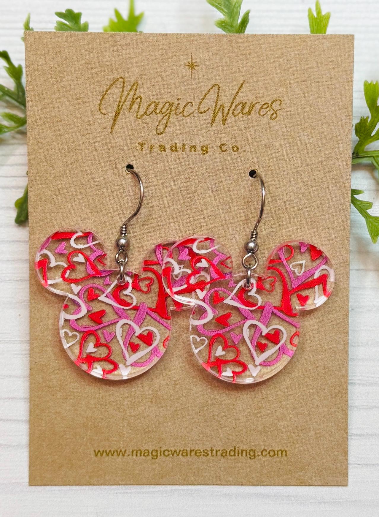 Scattered Hearts Mouse head Dangle Earrings, Laser cut Pink Red and White Hearts Pattern Crystal Acrylic Earrings, Valentines earrings