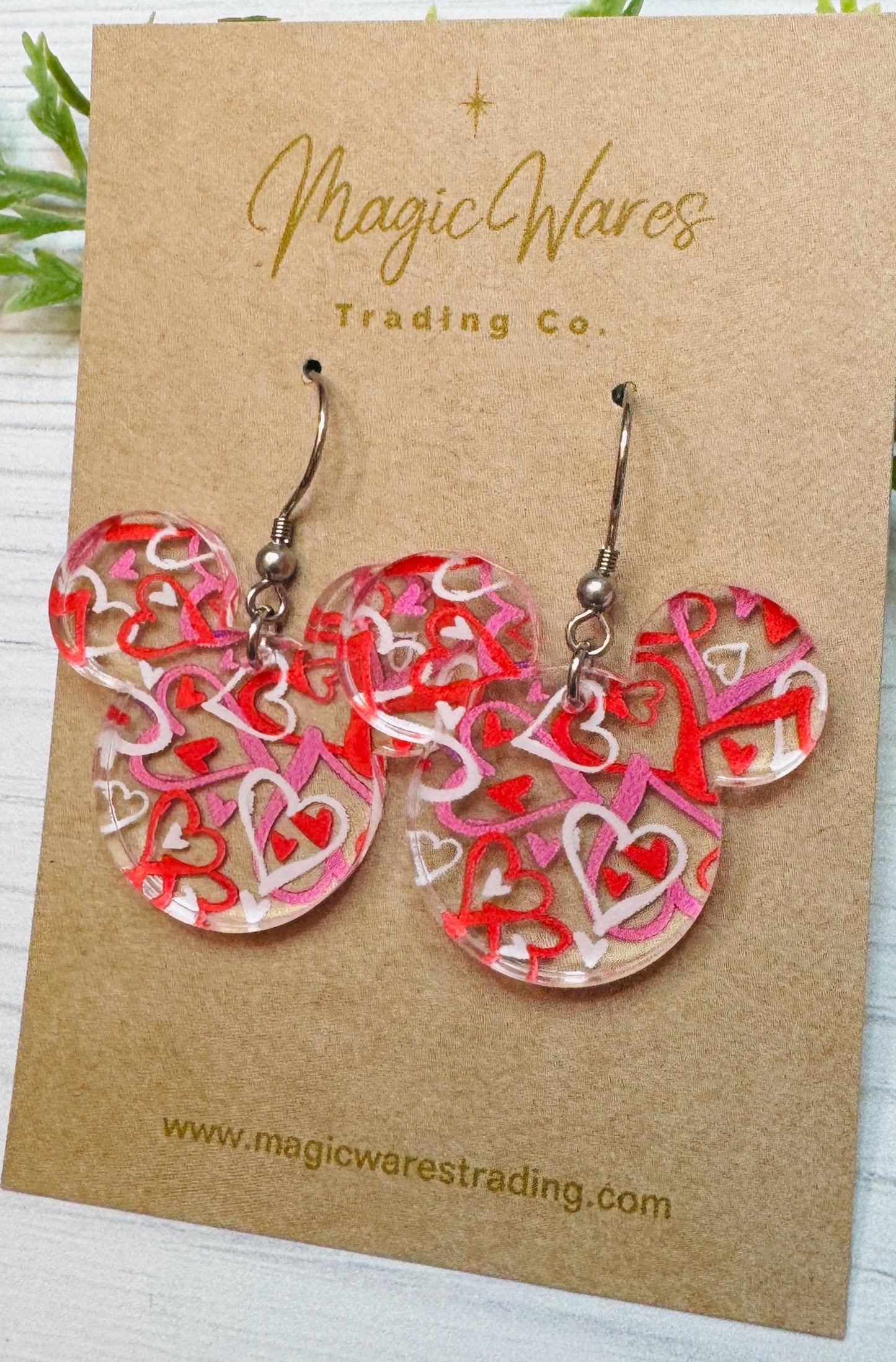 Scattered Hearts Mouse head Dangle Earrings, Laser cut Pink Red and White Hearts Pattern Crystal Acrylic Earrings, Valentines earrings
