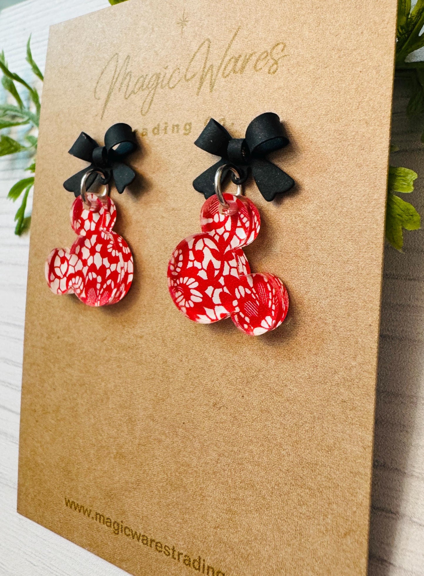 Black Bow and Red Lace Mouse Head Laser cut Dangle Earrings, Red Lace Patterned Crystal Acrylic, Valentines Day Earrings
