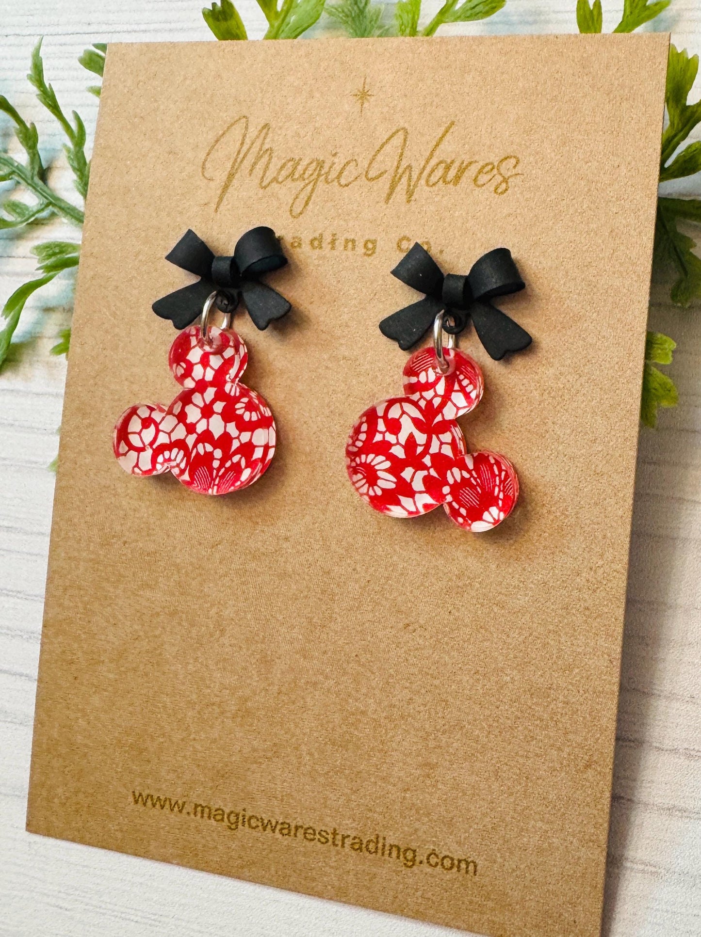 Black Bow and Red Lace Mouse Head Laser cut Dangle Earrings, Red Lace Patterned Crystal Acrylic, Valentines Day Earrings