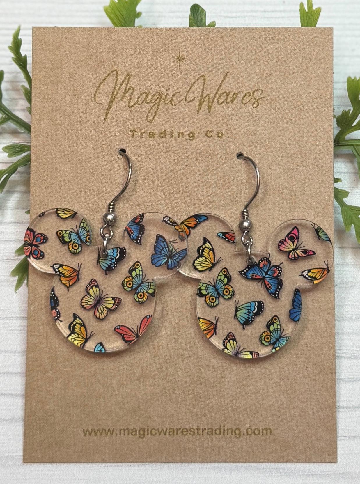 Colorful Butterfly Mouse head Dangle Earrings, Laser Cut Butterfly patterned Crystal Acrylic Earrings, Dangle Earrings, Handmade Earrings
