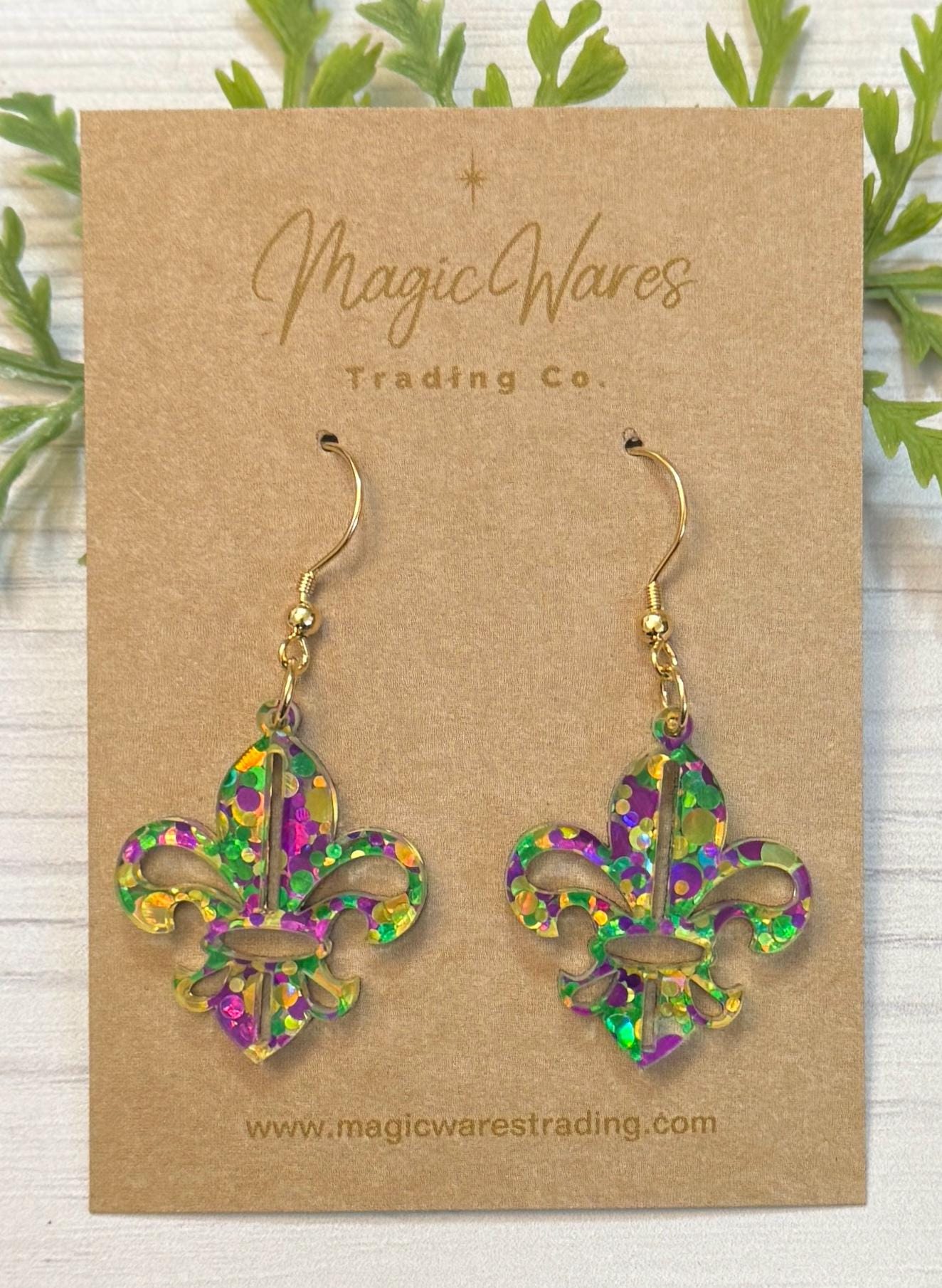 Fleur De Lis Mardi Gras Dangle Earrings, Laser cut Purple Green and Gold Glitter Crystal Acrylic Earrings, Mardi Gras glitter earrings