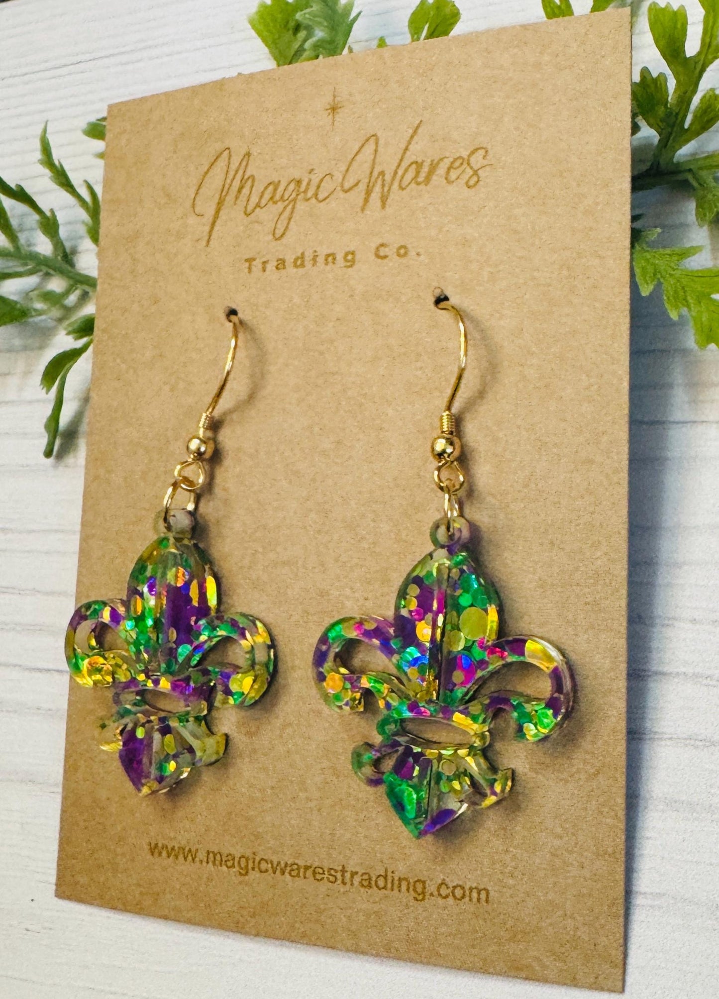 Fleur De Lis Mardi Gras Dangle Earrings, Laser cut Purple Green and Gold Glitter Crystal Acrylic Earrings, Mardi Gras glitter earrings