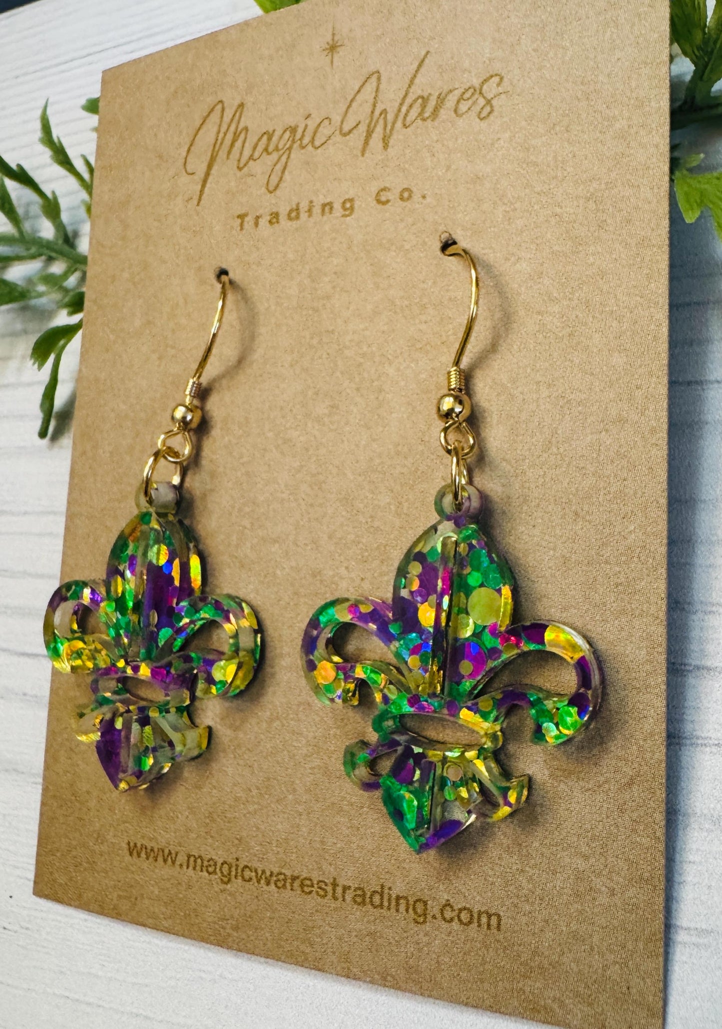 Fleur De Lis Mardi Gras Dangle Earrings, Laser cut Purple Green and Gold Glitter Crystal Acrylic Earrings, Mardi Gras glitter earrings