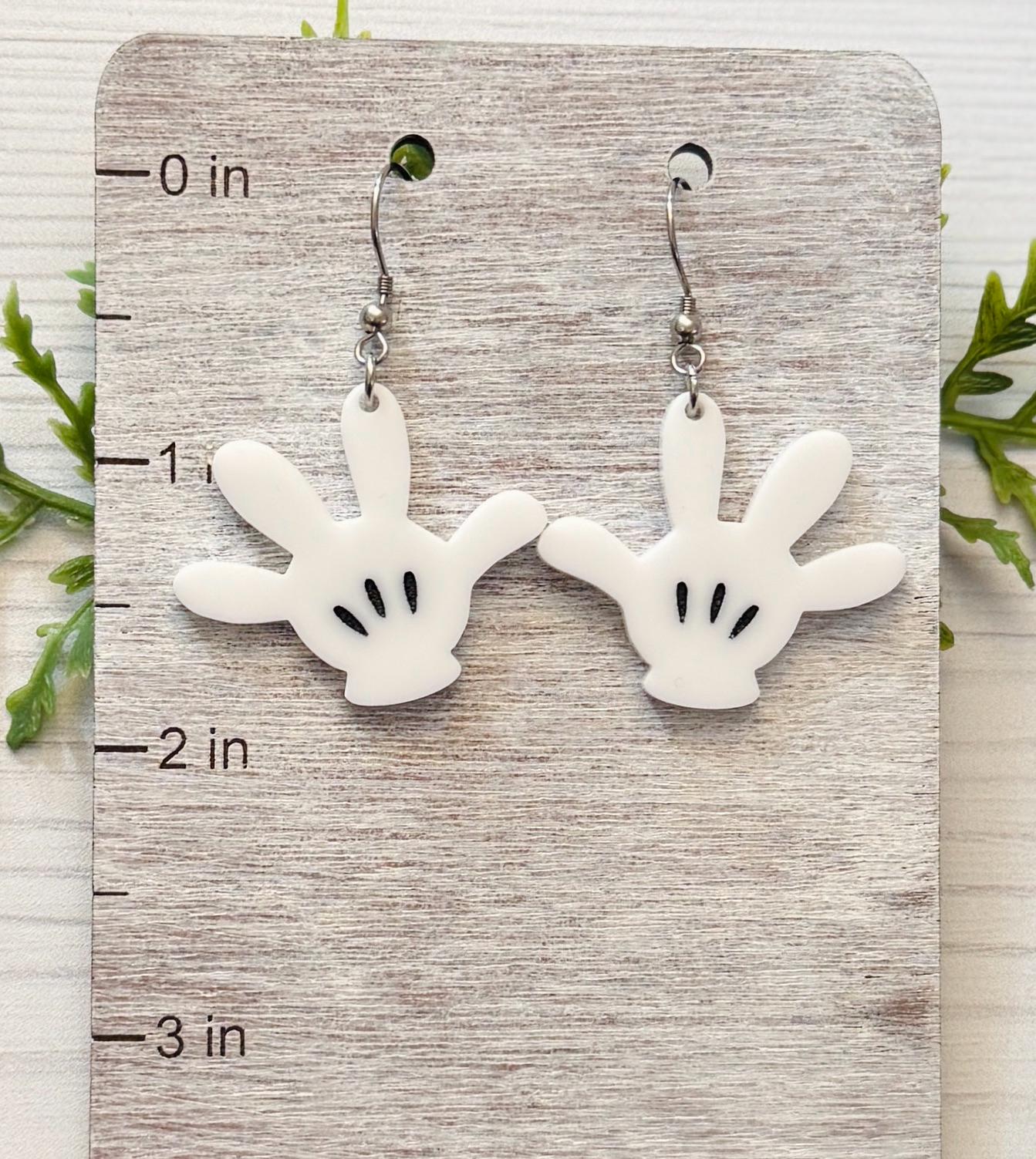 Mouse Hands Dangle Laser cut earrings, White Acrylic Dangle Earrings, Mickey Hands Earrings, High Five Earrings, Hands up or Hands Down