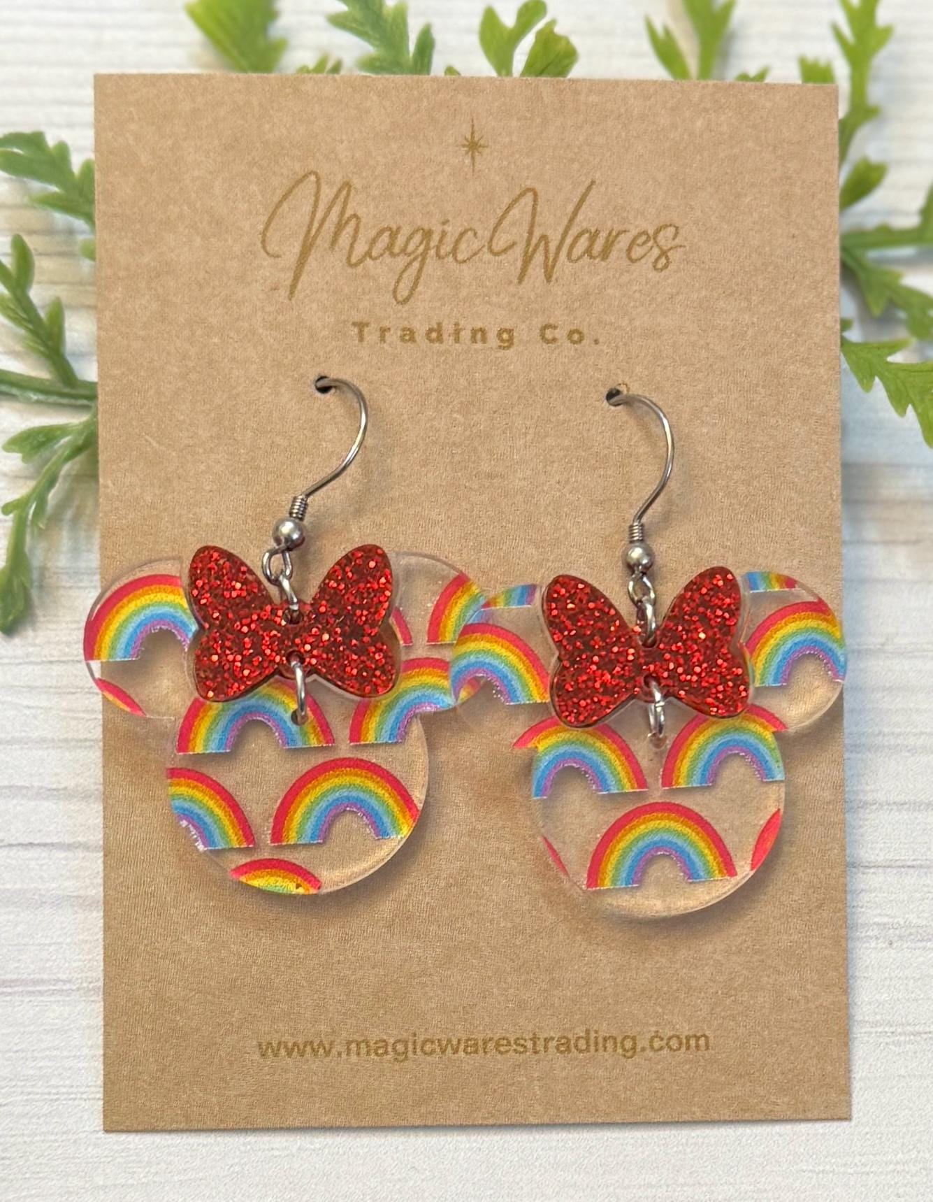 Rainbow Minnie Bow Dangle Earrings, Laser cut Rainbow PatternAcrylic Earrings with Red or Purple Glitter Bow Dangles, Festival of the Arts