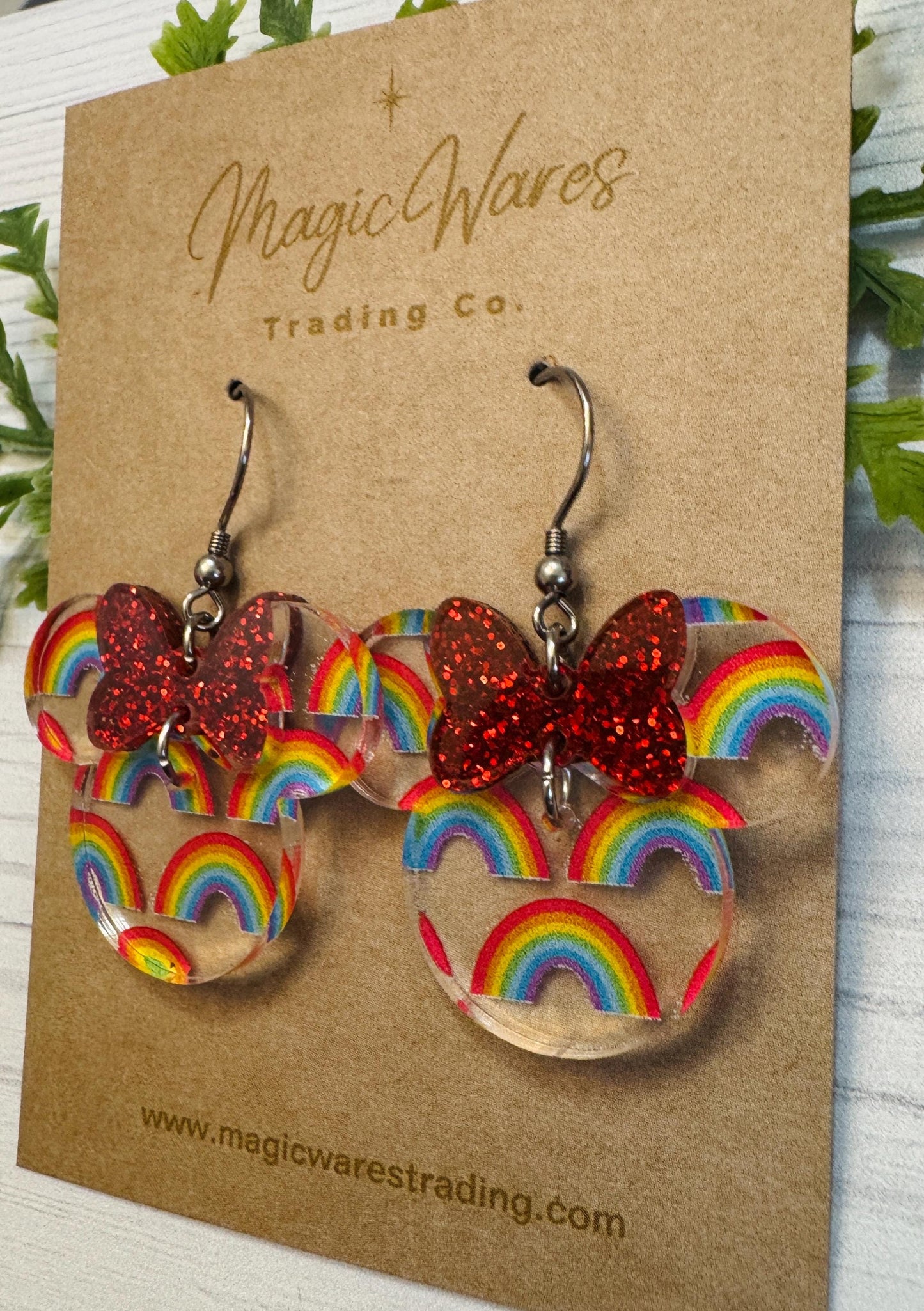 Rainbow Minnie Bow Dangle Earrings, Laser cut Rainbow PatternAcrylic Earrings with Red or Purple Glitter Bow Dangles, Festival of the Arts