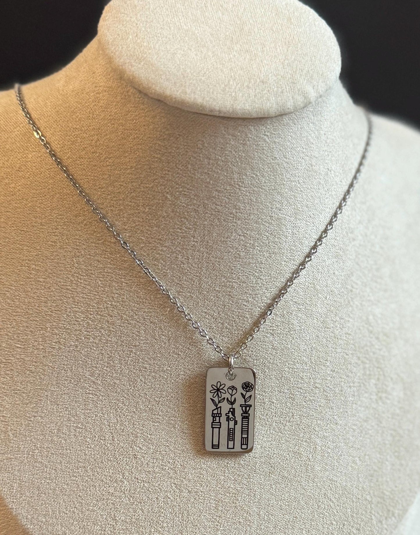 Floral Lightsabers Engraved Stainless Steel Necklace, Silver or Gold Laser Engraved Necklace, Personalized Jewelry Star Wars inspired