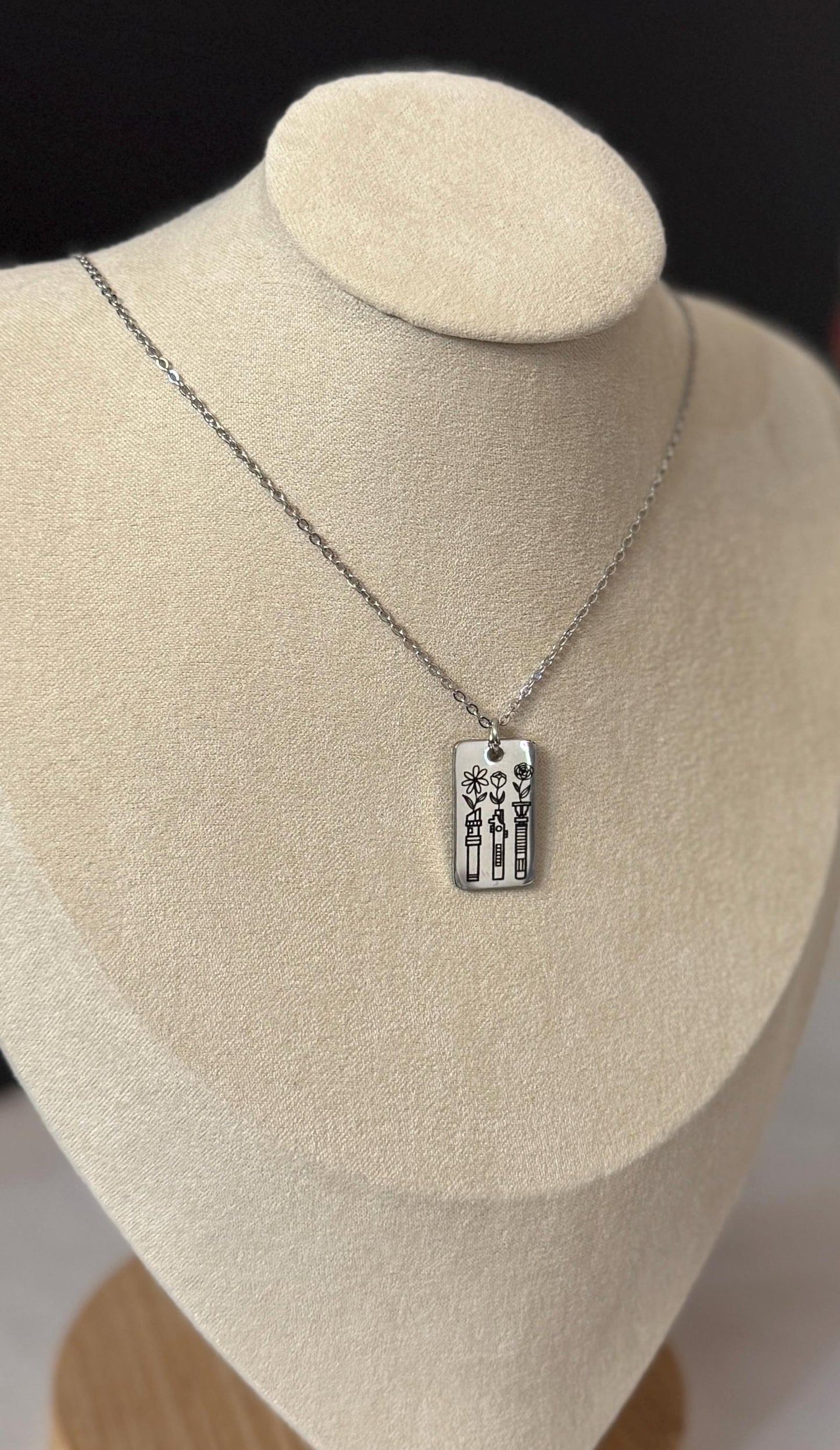 Floral Lightsabers Engraved Stainless Steel Necklace, Silver or Gold Laser Engraved Necklace, Personalized Jewelry Star Wars inspired