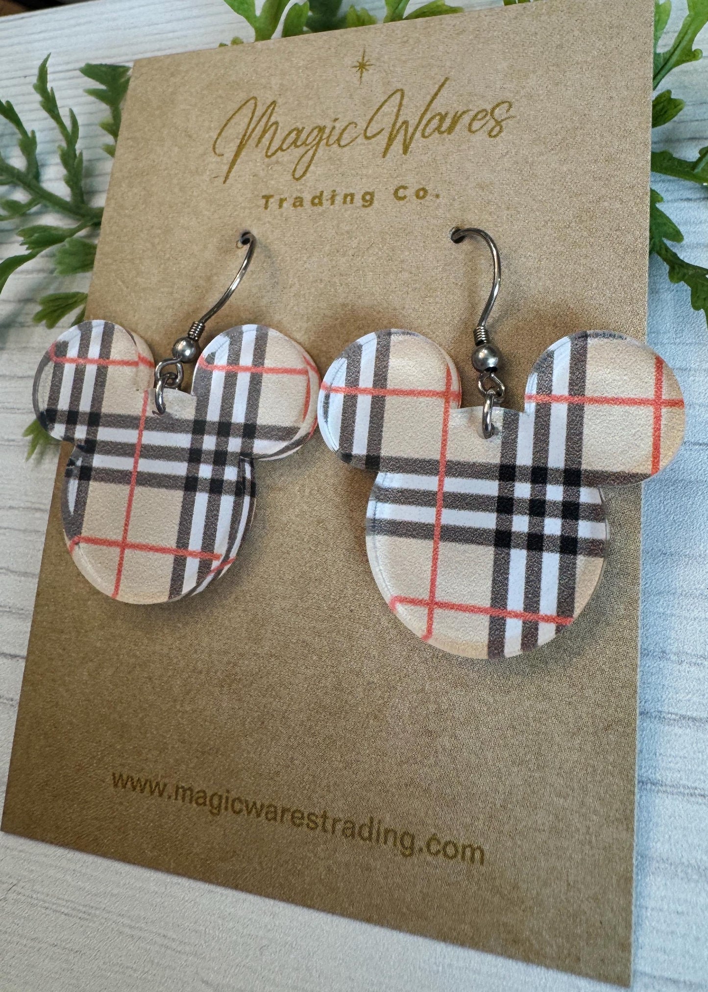 Fashion Plaid Mouse Laser Cut Earrings, Classic Tan Black and Red Plaid Patterned Acrylic Dangle Earrings, Plaid Dangle Earrings