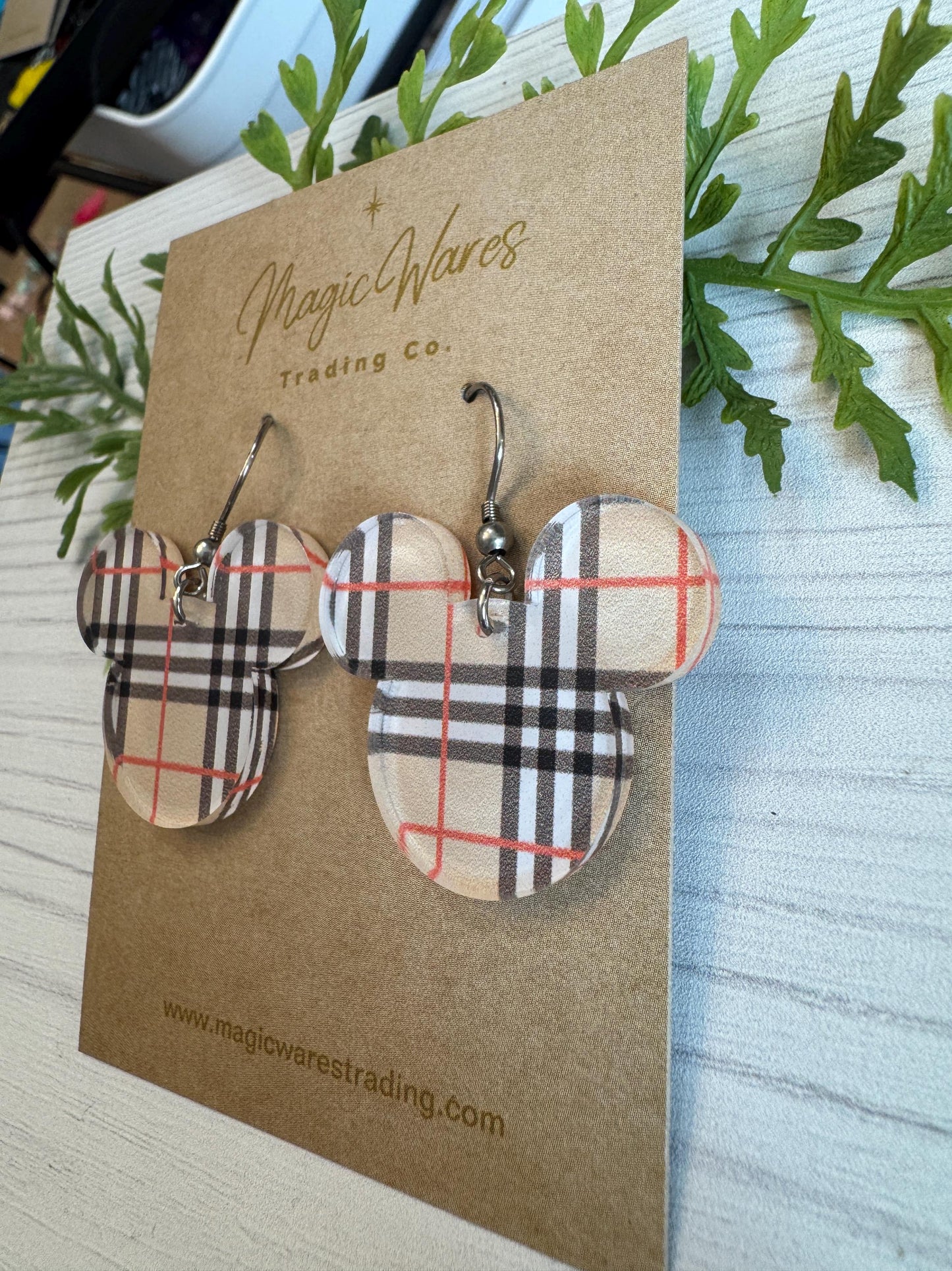 Fashion Plaid Mouse Laser Cut Earrings, Classic Tan Black and Red Plaid Patterned Acrylic Dangle Earrings, Plaid Dangle Earrings