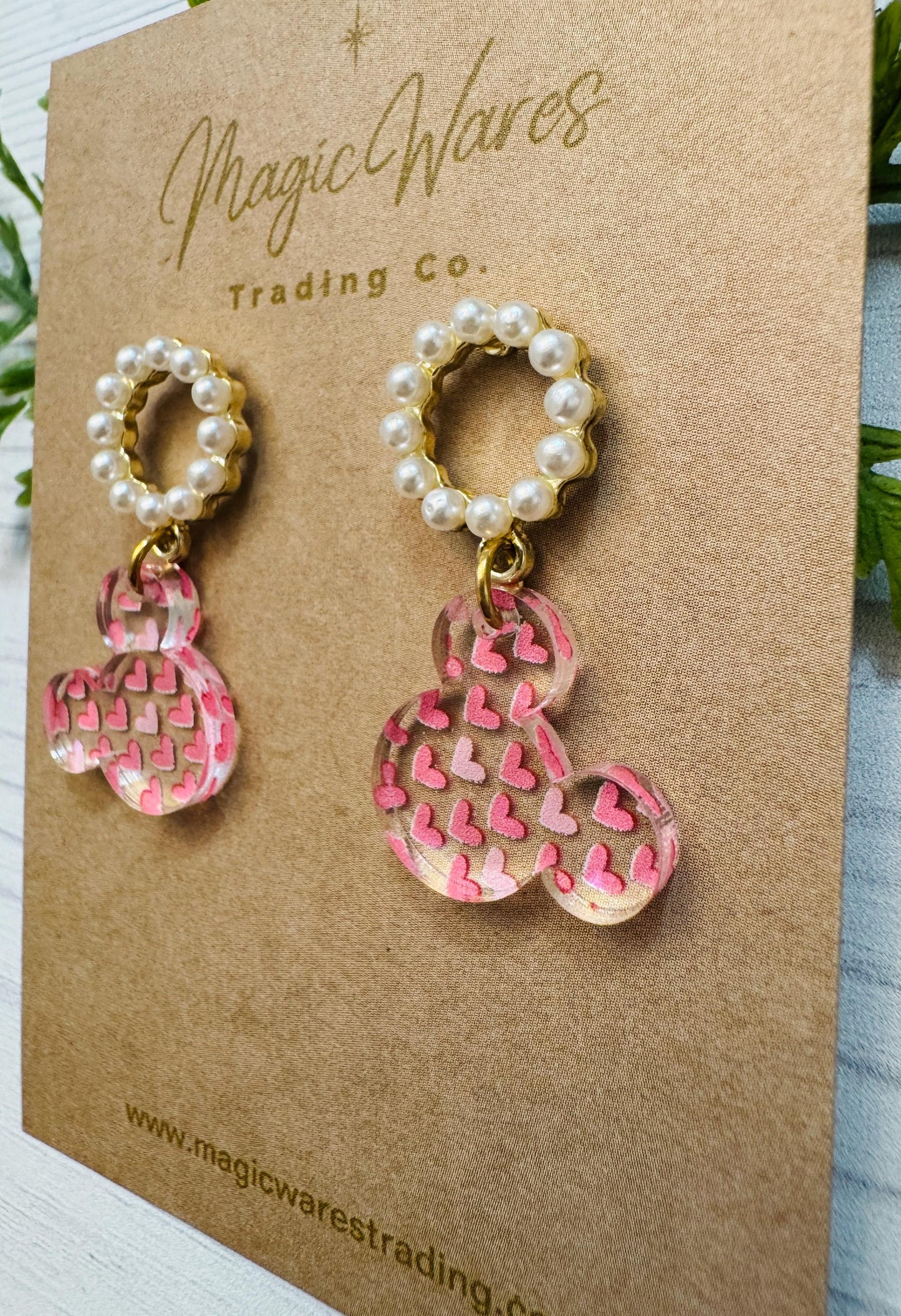Pearls and Hearts Mouse Head Stud Earrings, Laser Cut Hearts Pattern Acrylic, Pearl Sterling Silver Stud Earrings, Valentines Day Earrings