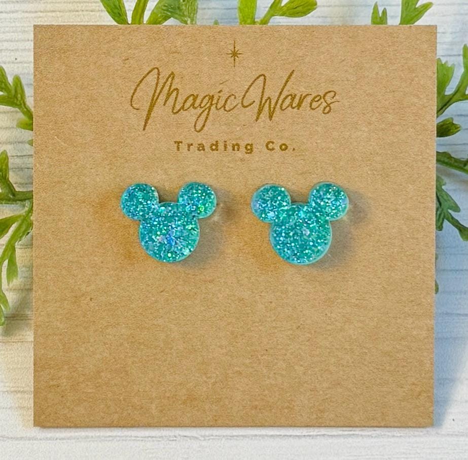 Siren Sparkel Mouse Stud Earrings, Glitter Laser Cut Post Earrings, Pierced Earlobe Glitter Post earrings