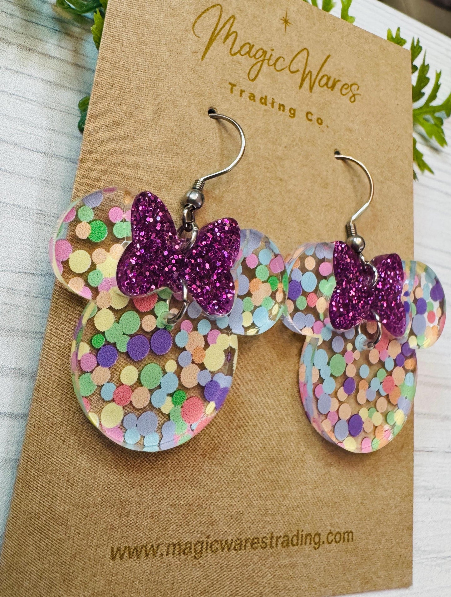 Easter Dots Minnie, Purple Glitter Minnie Bow Dangle, Laser cut Pastel Rainbow Dots Pattern Acrylic Earrings, Easter Earrings