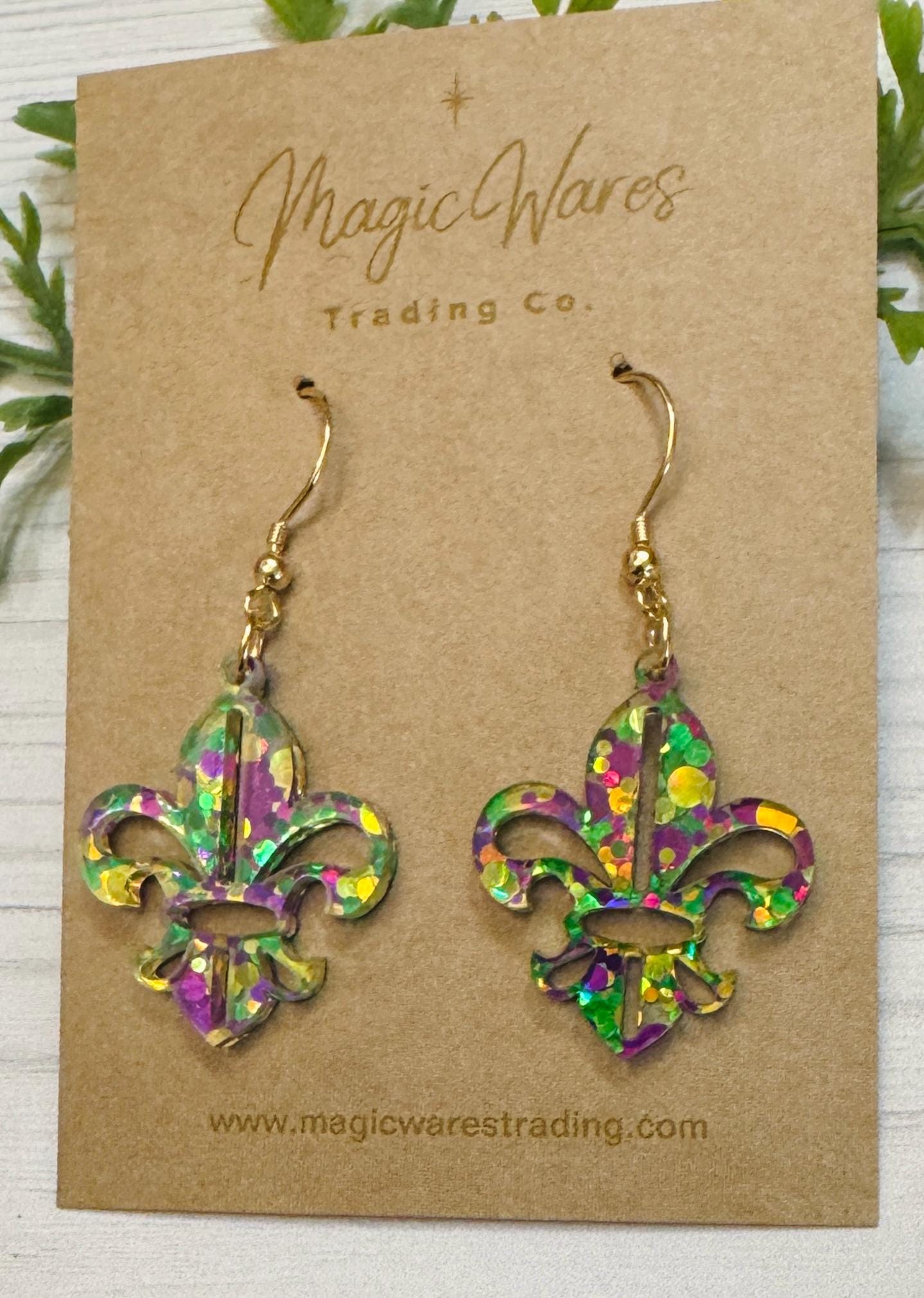 Fleur De Lis Mardi Gras Dangle Earrings, Laser cut Purple Green and Gold Glitter Crystal Acrylic Earrings, Mardi Gras glitter earrings