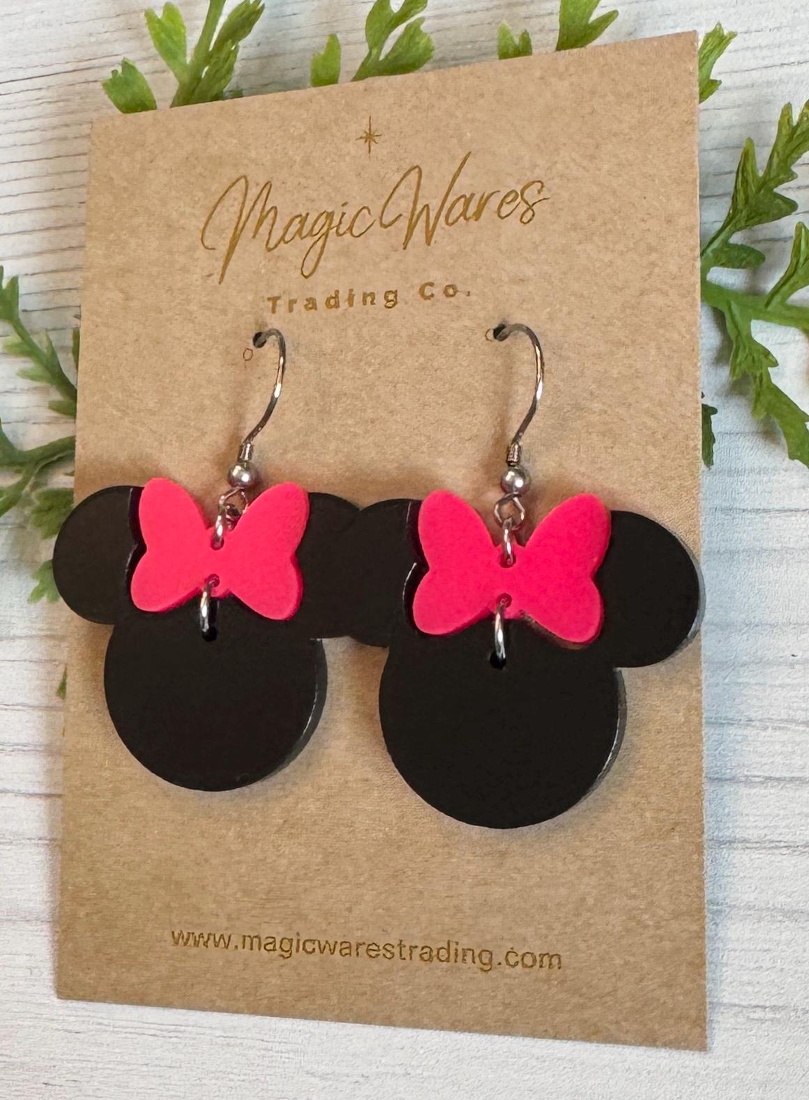 Hot Pink Minnie Bow Dangle Earrings, Laser Acrylic Earrings Hot Pink and Black Mouse head earrings, Valentines Earrings, Hot pink earrings
