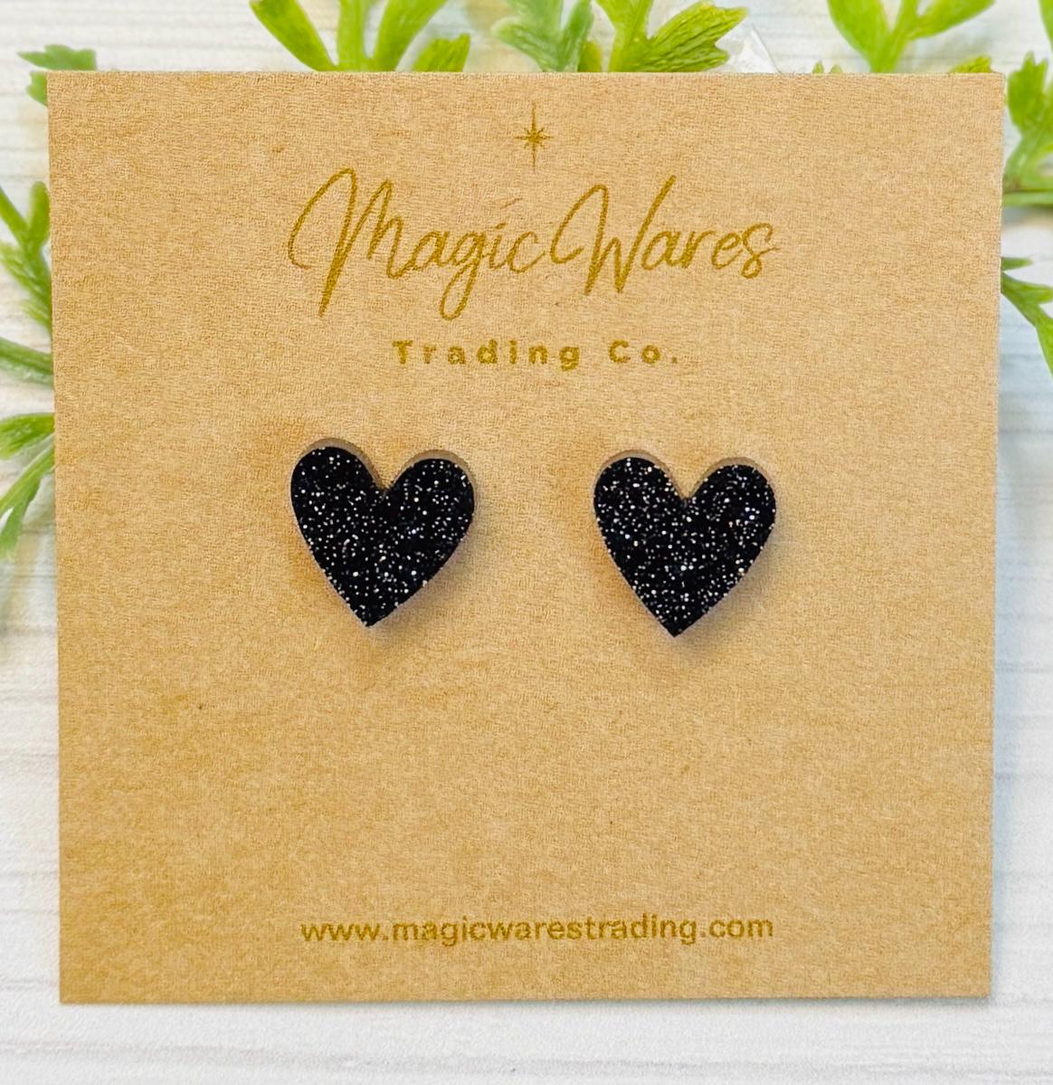 Black Glitter Heart Stud Earrings, Laser Cut Black Glitter Post Earrings, Pierced Earlobe Glitter Valentines Day earrings hypoallergenic