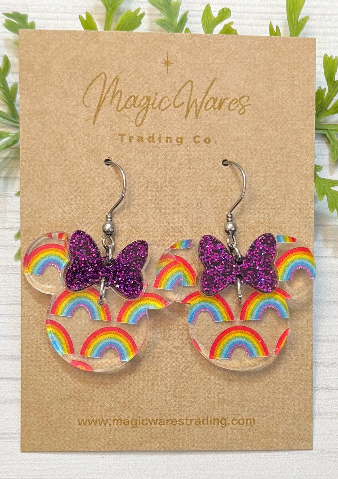 Rainbow Minnie Bow Dangle Earrings, Laser cut Rainbow PatternAcrylic Earrings with Red or Purple Glitter Bow Dangles, Festival of the Arts