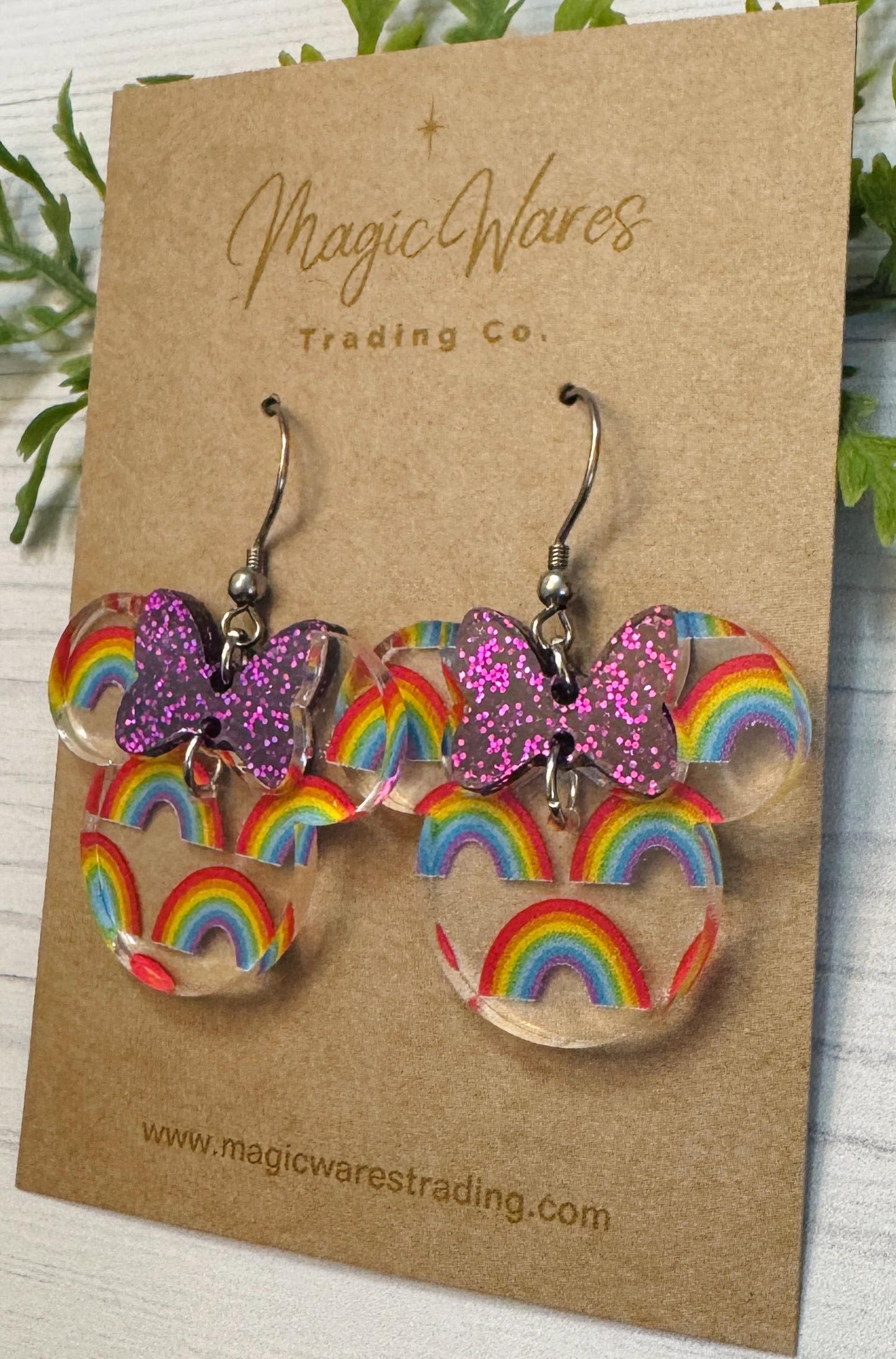 Rainbow Minnie Bow Dangle Earrings, Laser cut Rainbow PatternAcrylic Earrings with Red or Purple Glitter Bow Dangles, Festival of the Arts
