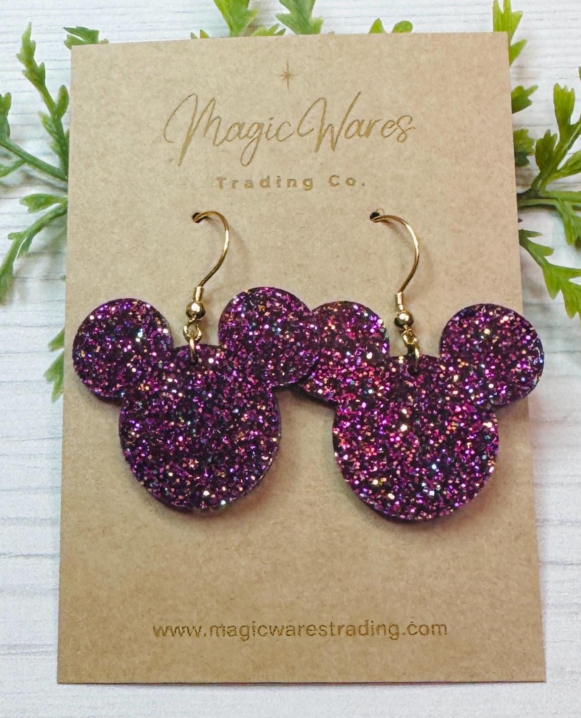 Mystic Purple Glitter Mouse head Dangle Earrings, Mardi Gras Laser cut Glitter Acrylic Earrings, Purple Green and Gold glitter earrings