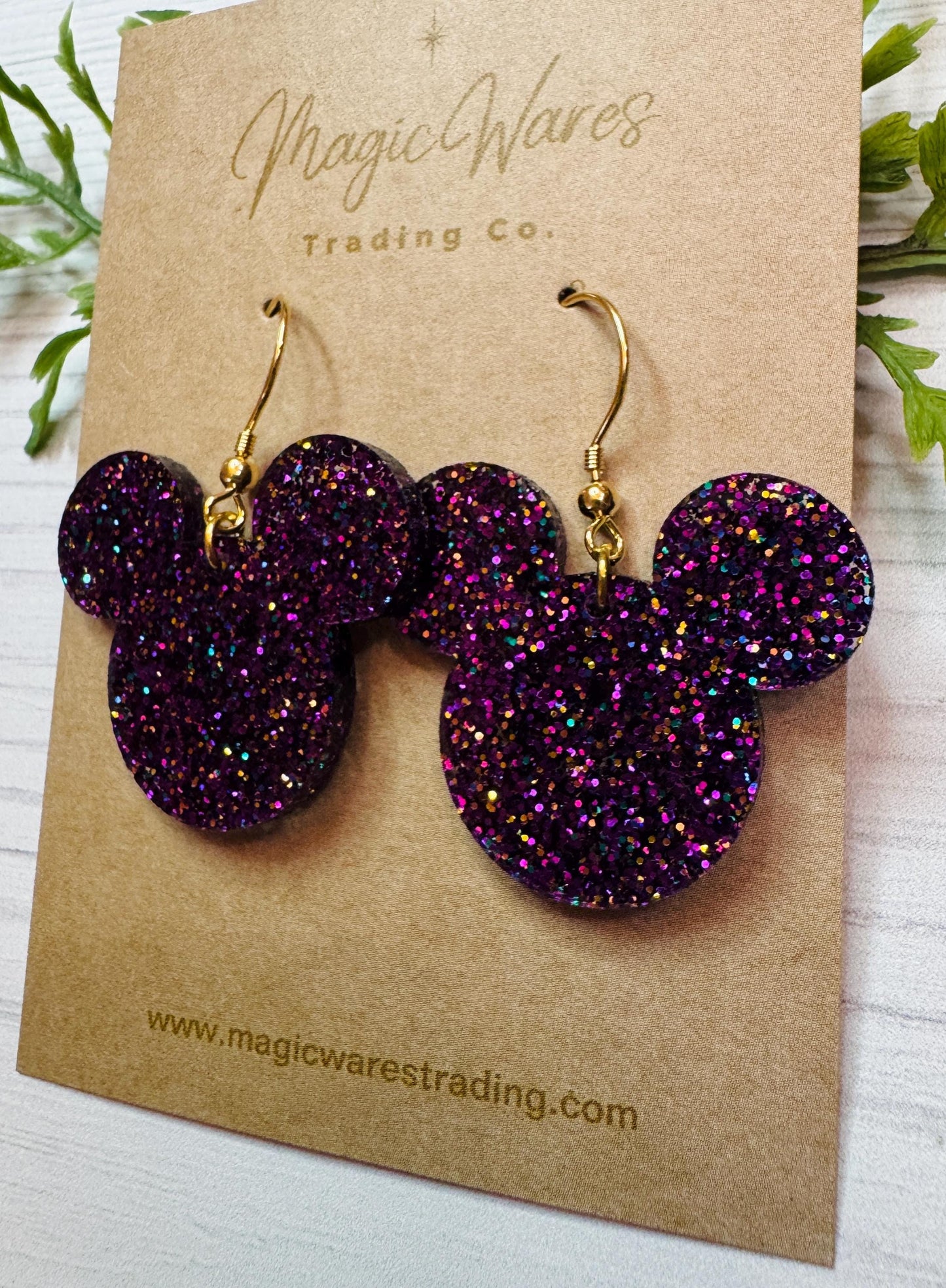 Mystic Purple Glitter Mouse head Dangle Earrings, Mardi Gras Laser cut Glitter Acrylic Earrings, Purple Green and Gold glitter earrings