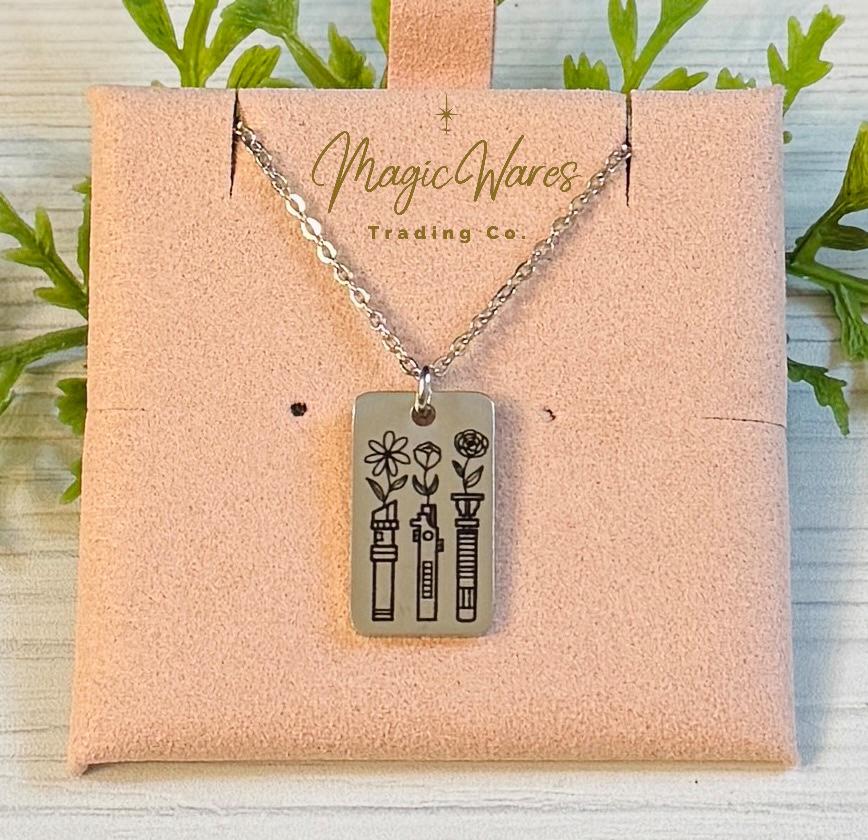 Floral Lightsabers Engraved Stainless Steel Necklace, Silver or Gold Laser Engraved Necklace, Personalized Jewelry Star Wars inspired