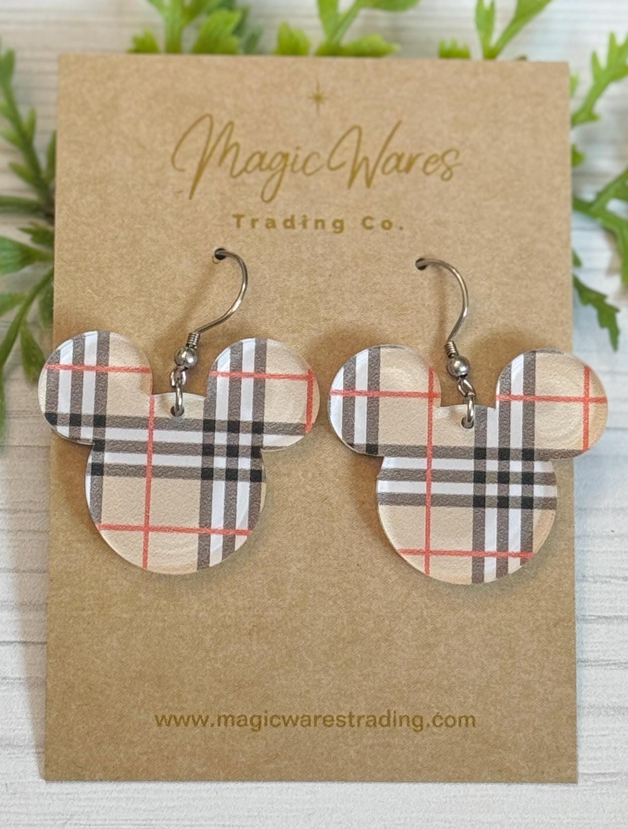 Fashion Plaid Mouse Laser Cut Earrings, Classic Tan Black and Red Plaid Patterned Acrylic Dangle Earrings, Plaid Dangle Earrings