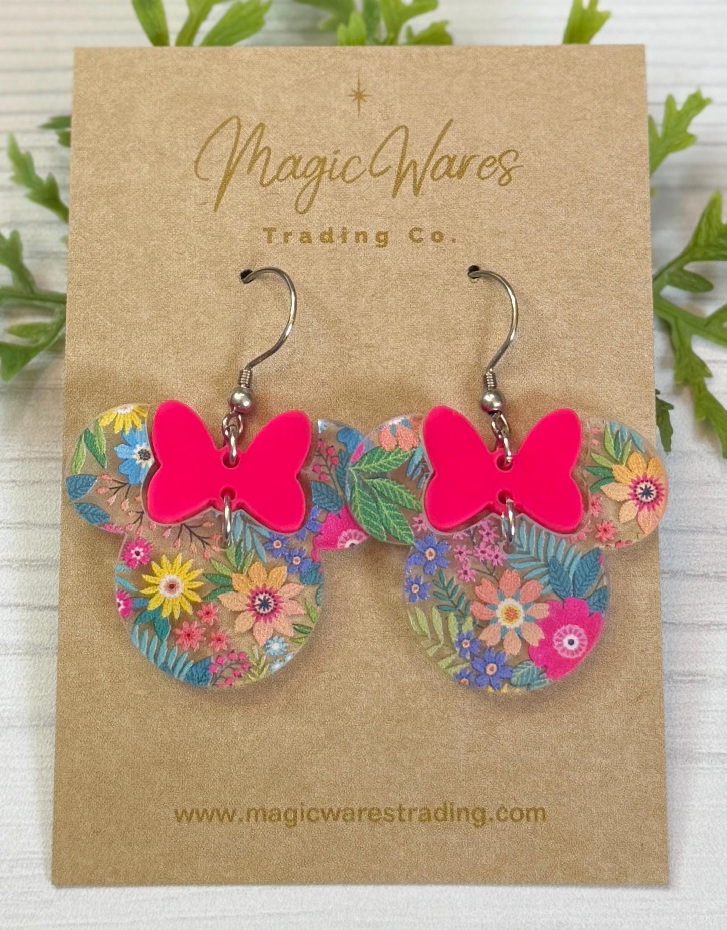 Bright Floral Garden Minnie, Hot Pink Minnie Bow Dangle, Laser cut Floral Pattern Acrylic Earrings, Flower and Garden earrings