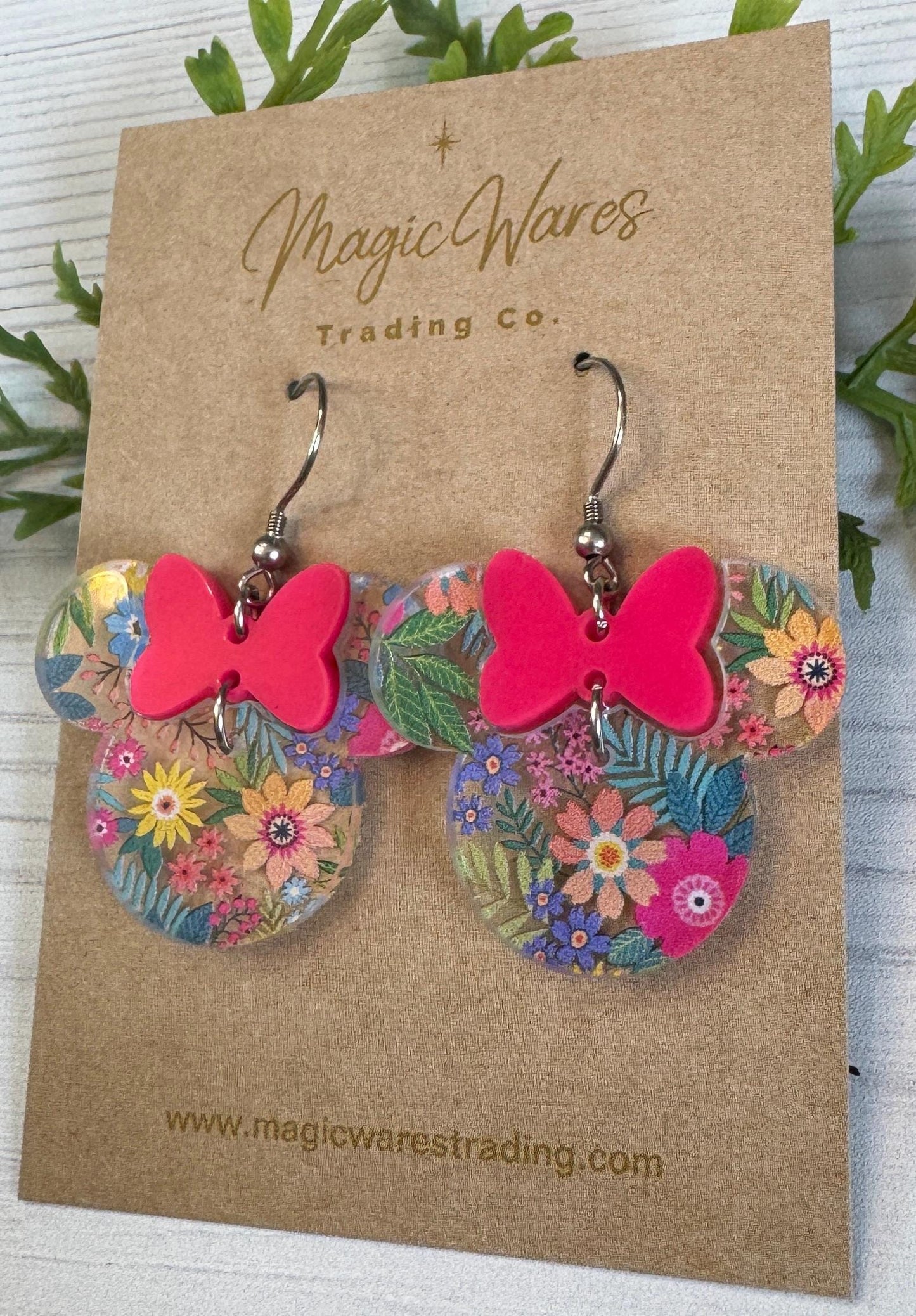 Bright Floral Garden Minnie, Hot Pink Minnie Bow Dangle, Laser cut Floral Pattern Acrylic Earrings, Flower and Garden earrings