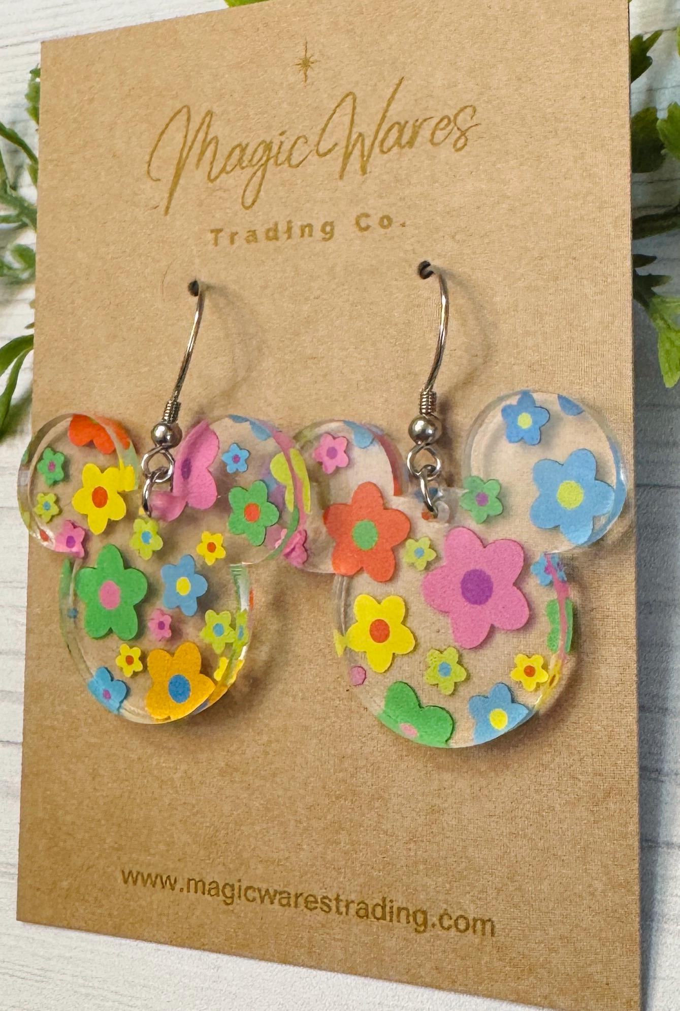 POP Century Floral Mouse Dangle Earrings, Bright Floral patterned Crystal Acrylic Earrings, Spring Earrings, Gifts for Mom