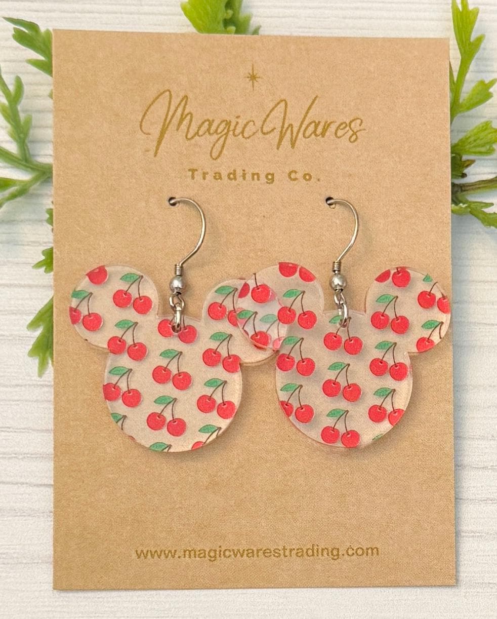 Cherries Mouse Dangle Earrings, Bright Cherry Printed Pattern Acrylic, Lightweight dangle earrings, Magical Earrings, Summer Earrings