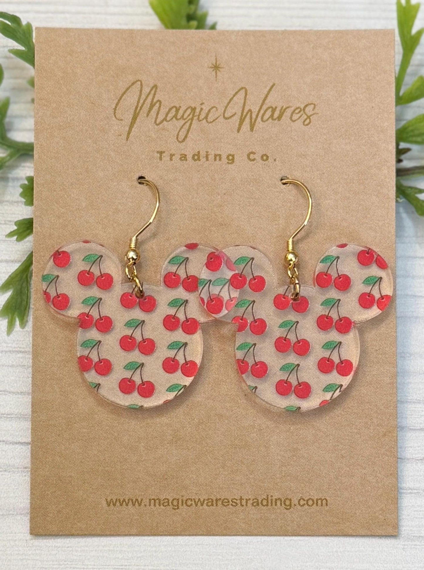 Cherries Mouse Dangle Earrings, Bright Cherry Printed Pattern Acrylic, Lightweight dangle earrings, Magical Earrings, Summer Earrings